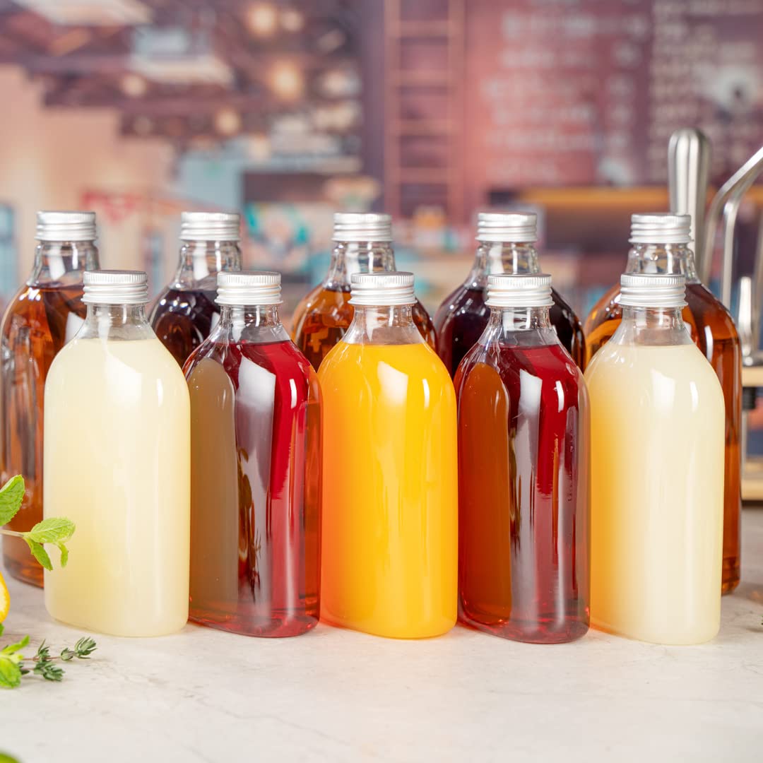Restaurantware Bottle Tek 10oz Empty Plastic Liquor Bottles (100-Pack) with Aluminum Lids - Clear Disposable Flasks for Juice, Ginger, Sauces & Party Favors | Perfect for Bars, Catering & DIY Cocktail Kits