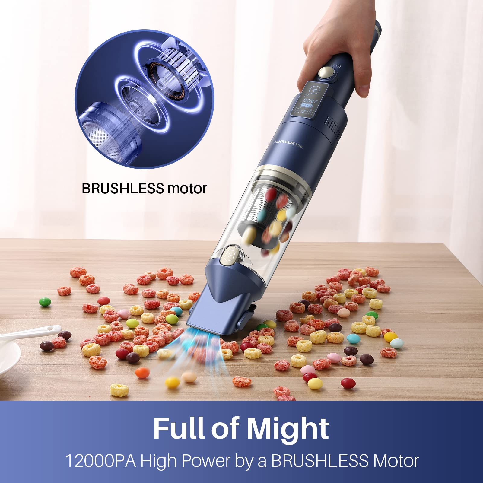 12KPA High Power Cordless Handheld Vacuum with Brushless Motor & LED Display - Rechargeable Dust Buster for Car, Home & Office Cleaning | Portable Vacuum for Pet Hair, Stairs, Furniture & Quick Cleanups
