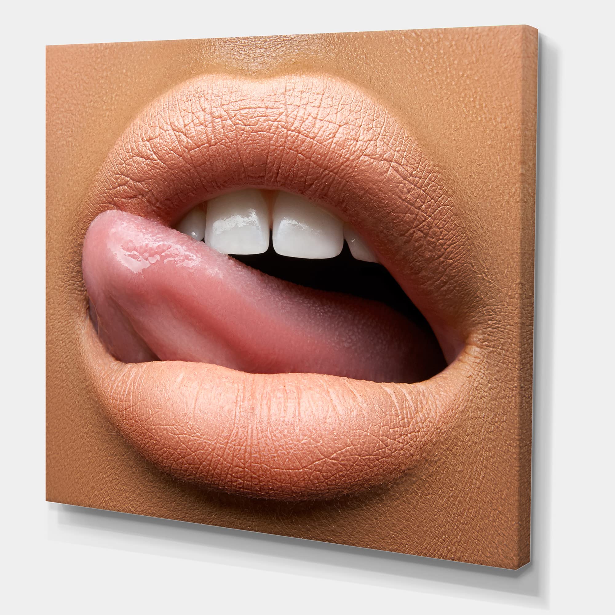 Stunning Dark-Skinned Woman Lips with Tongue - Modern Canvas Wall Art for Living Room, Bedroom & Office Decor