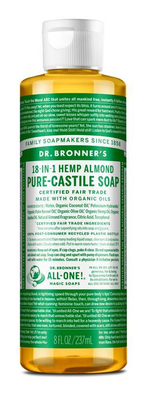 Dr. Bronners Pure Castile Liquid Soap - Organic Almond Scent, 18-in-1 Uses for Body, Hair, Home & Baby Care | Vegan, Cruelty-Free & Eco-Friendly | Perfect for Showering, Hand Washing & Household Cleaning