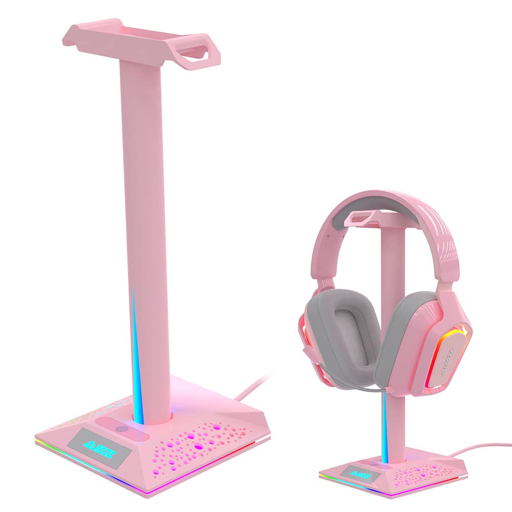 NACODEX Pink RGB Gaming Headphone Stand with 3.5mm AUX & 2 USB Ports, Touch Control 10 Lighting Modes - Premium Headset Holder for PC Gamers, Desk Accessories (Pink) - Perfect for Gaming Setup, Streaming & Office Workspace