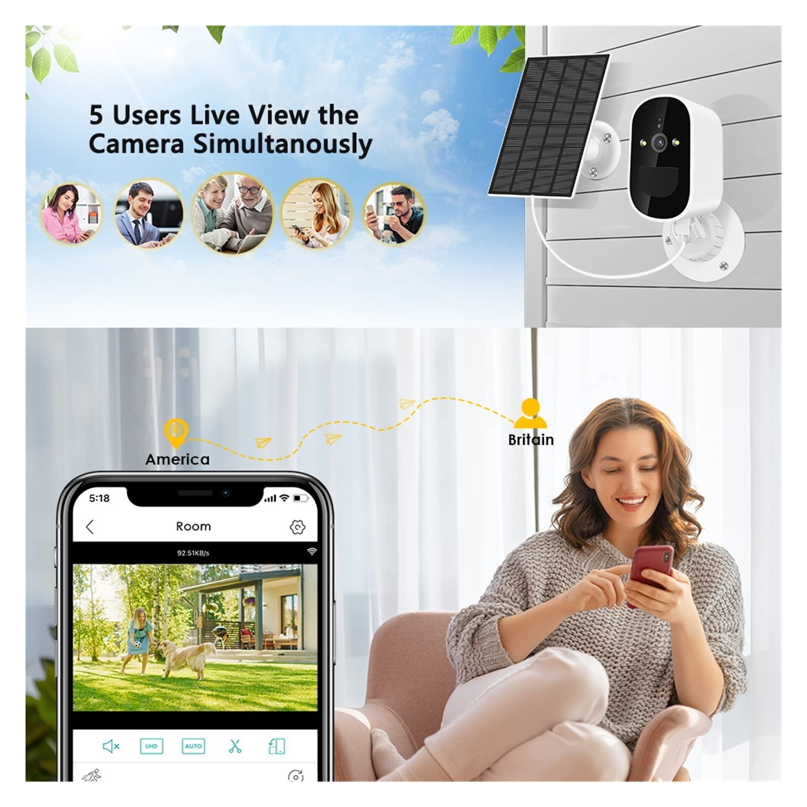 Wireless Solar Security Camera Outdoor - 1080P HD Solar WiFi IP Camera with 6000mAh Battery & Night Vision | Includes 64GB SD Card | Ideal for Home, Yard, Garage & Property Surveillance