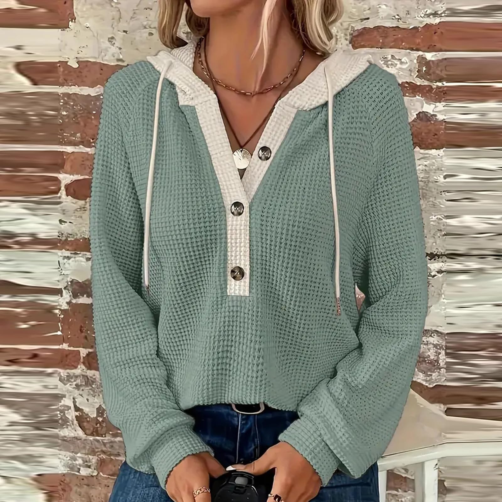 Women's Waffle Knit Hoodie - Long Sleeve Drawstring Button V-Neck Pullover Sweatshirt for Casual Fall Wear 2024 | Perfect for Cozy Evenings and Outdoor Adventures