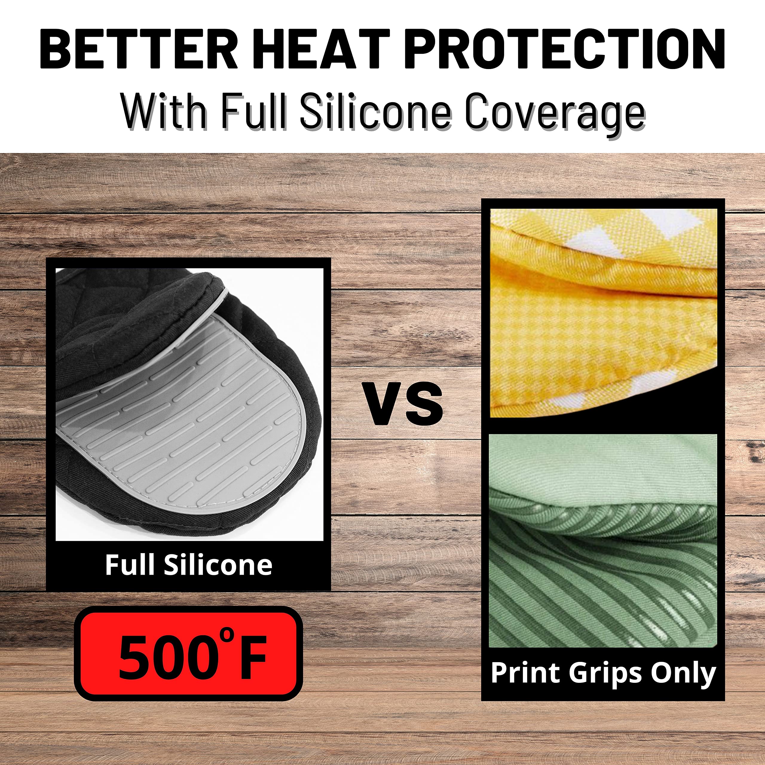 Heat Resistant Silicone Oven Mitts & Pot Holders Set - Black Mini Kitchen Gloves for Baking, Cooking, Grilling - Non-Slip Grip for Safe Handling of Hot Pans, Trays & Dishes
