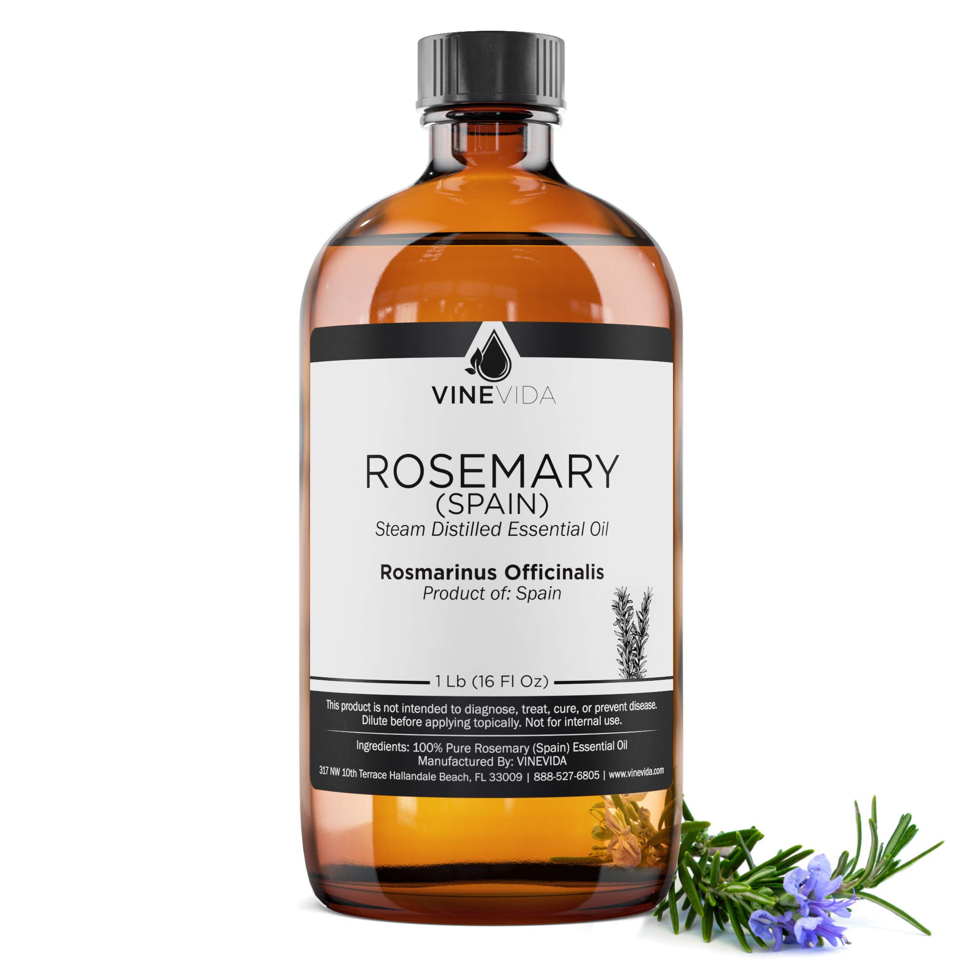 Premium 100% Pure Rosemary Essential Oil (Spain) - 16 oz Glass Bottle, Undiluted & Natural - 1 Pound Bulk for DIY Soaps, Candles, Aromatherapy & Skincare - VINEVIDA - Perfect for Relaxation, Massage & Home Fragrance
