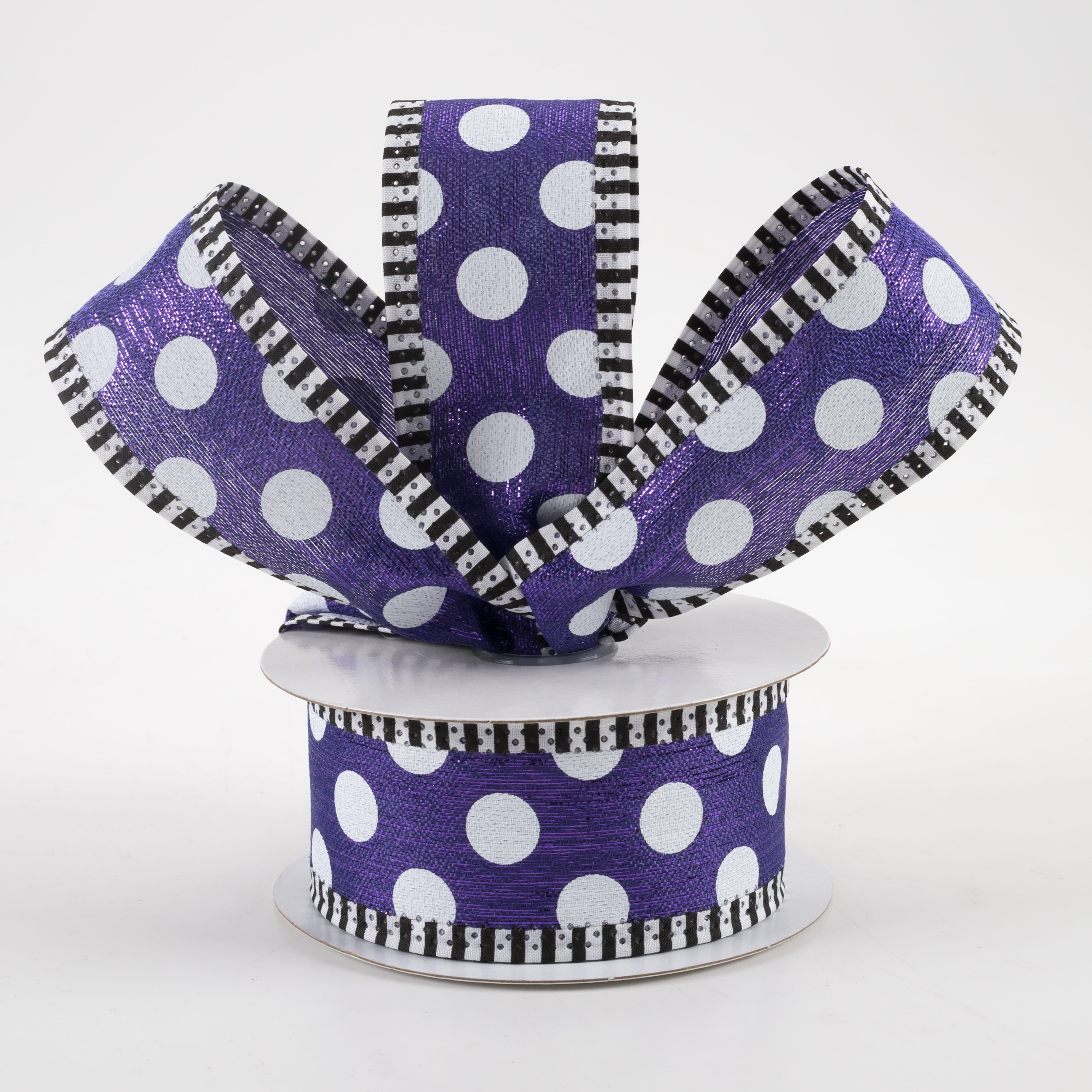 1.5 Inch Medium Polka Dot Stripe Edge Ribbon - Purple & White Decorative Ribbon (10 Yards) for Gift Wrapping, DIY Crafts, Wedding Decorations and Party Favors