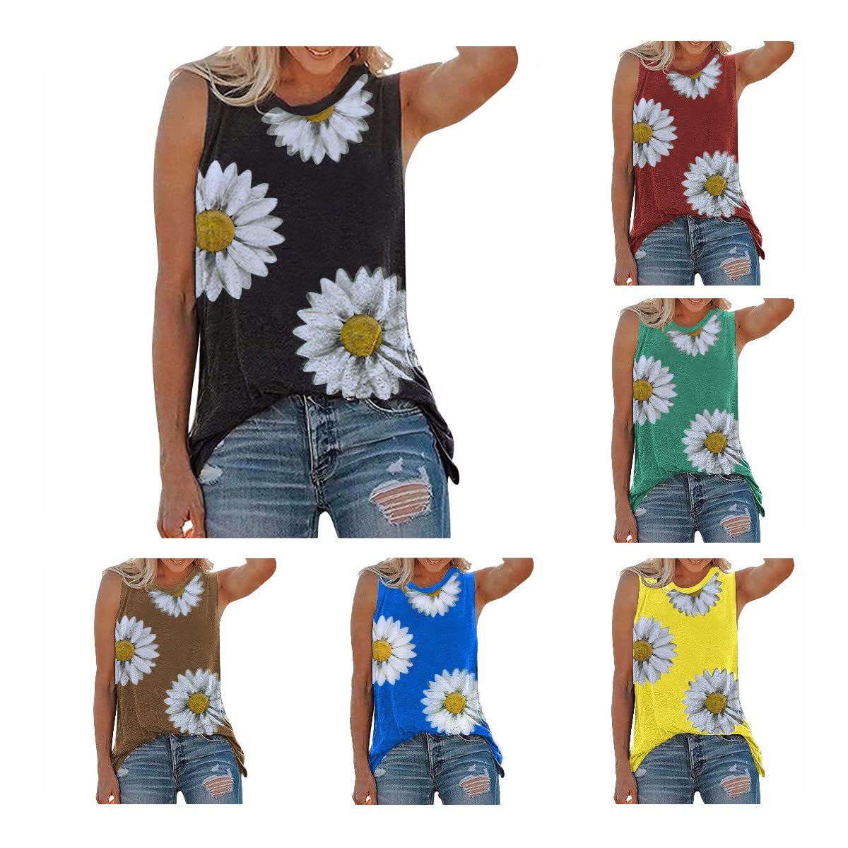 HRAPDA Women's Summer Tank Tops - Trendy Daisy Print O-Neck Loose Fit Tunic Tee | Sleeveless Casual Blouse for Beach, Vacation & Everyday Wear