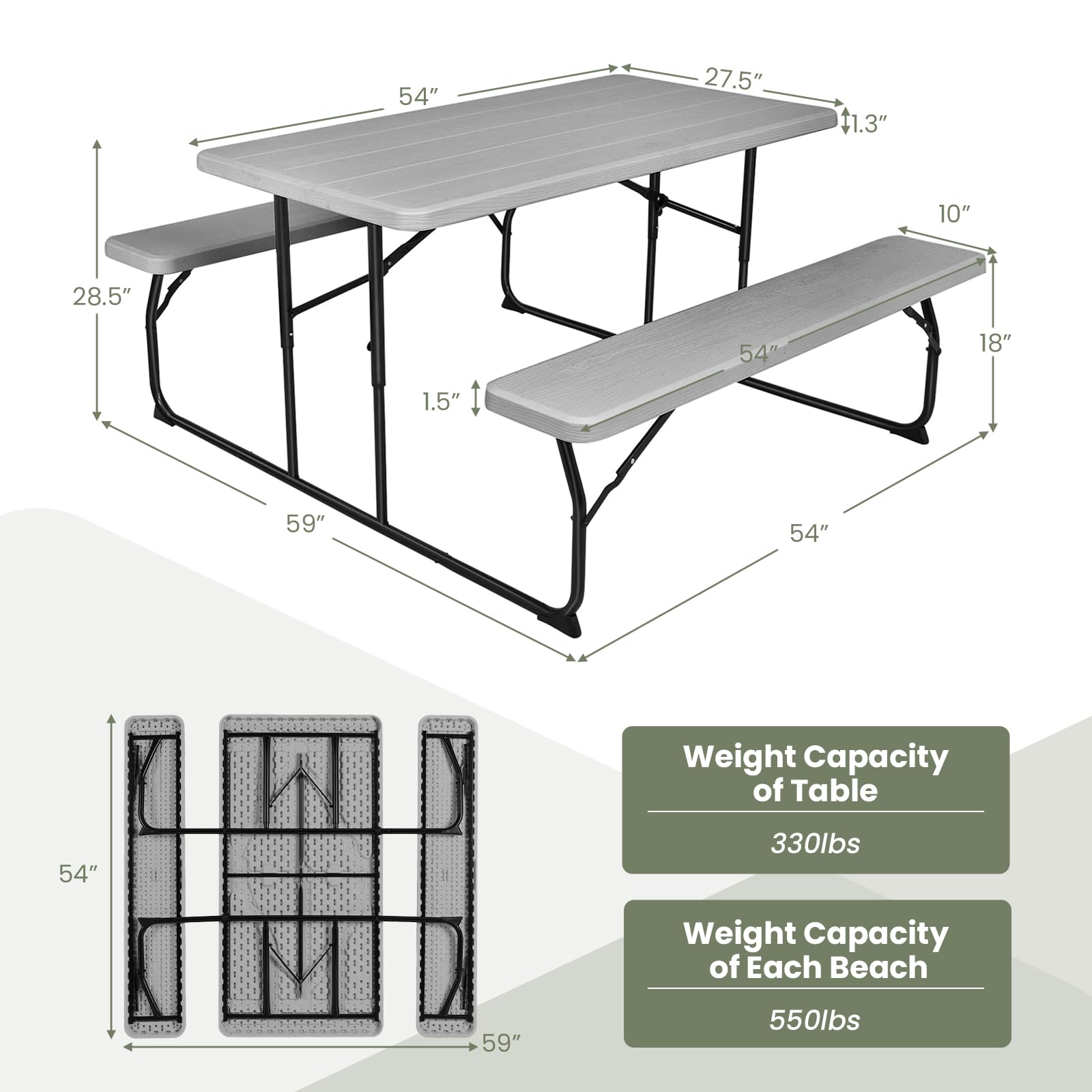 Tangkula Folding Picnic Table with 2 Benches - Portable Outdoor Metal Camping Table Set with Durable Plastic Wood-Like Tabletop & Sturdy Steel Frame - Compact Foldable Design for Picnics, BBQs, Camping, Backyard Parties, Tailgating and Outdoor Dining (Grey)