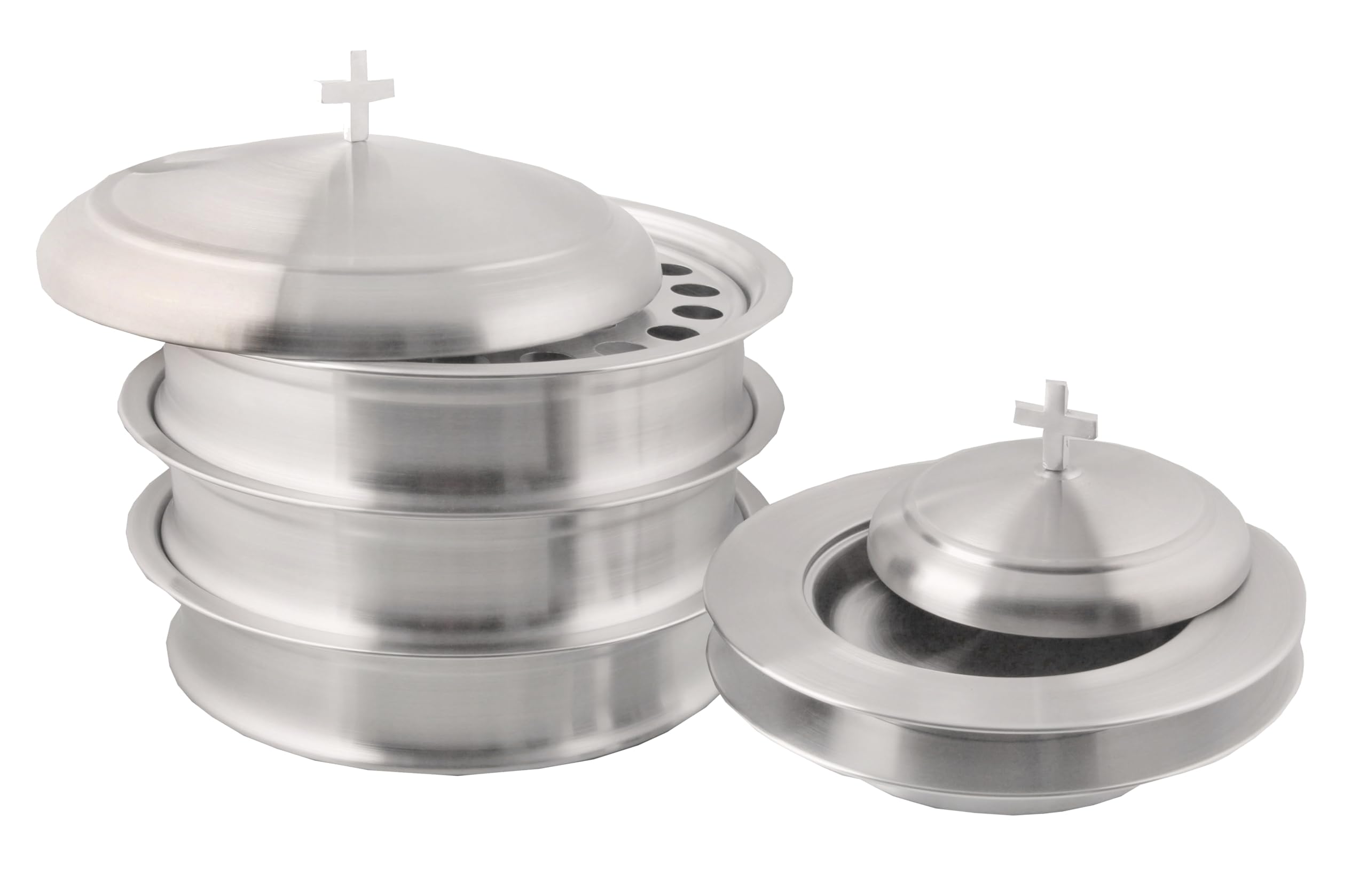 Stainless Steel Communion Ware Set - 3 Holy Wine Serving Trays with Lids & 2 Stacking Bread Plates with Lids - Matte Finish for Church Services, Religious Ceremonies, and Home Worship