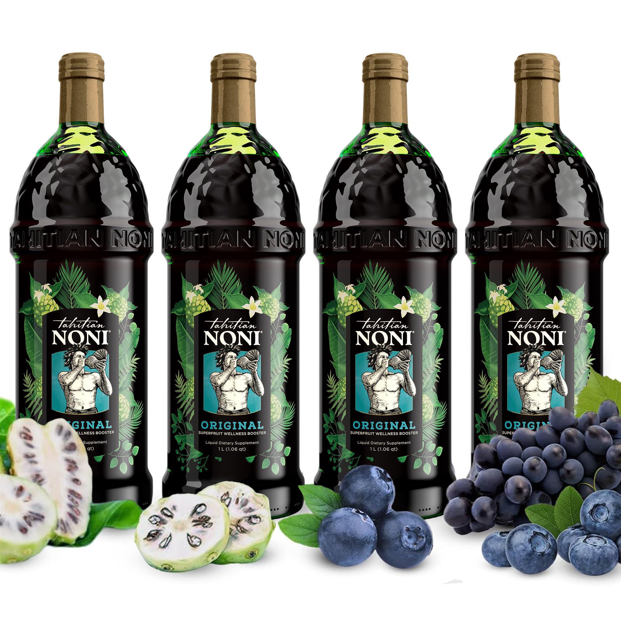 Authentic Tahitian Noni Juice by Morinda - Pure Noni Fruit Puree from Tahiti with Natural Blueberry & Grape (Resveratrol) | All-Natural Daily Wellness Drink | 4 x 1 Liter Bottles | Immune Support & Antioxidant Boost | Perfect for Morning Routine or Post-Workout Recovery