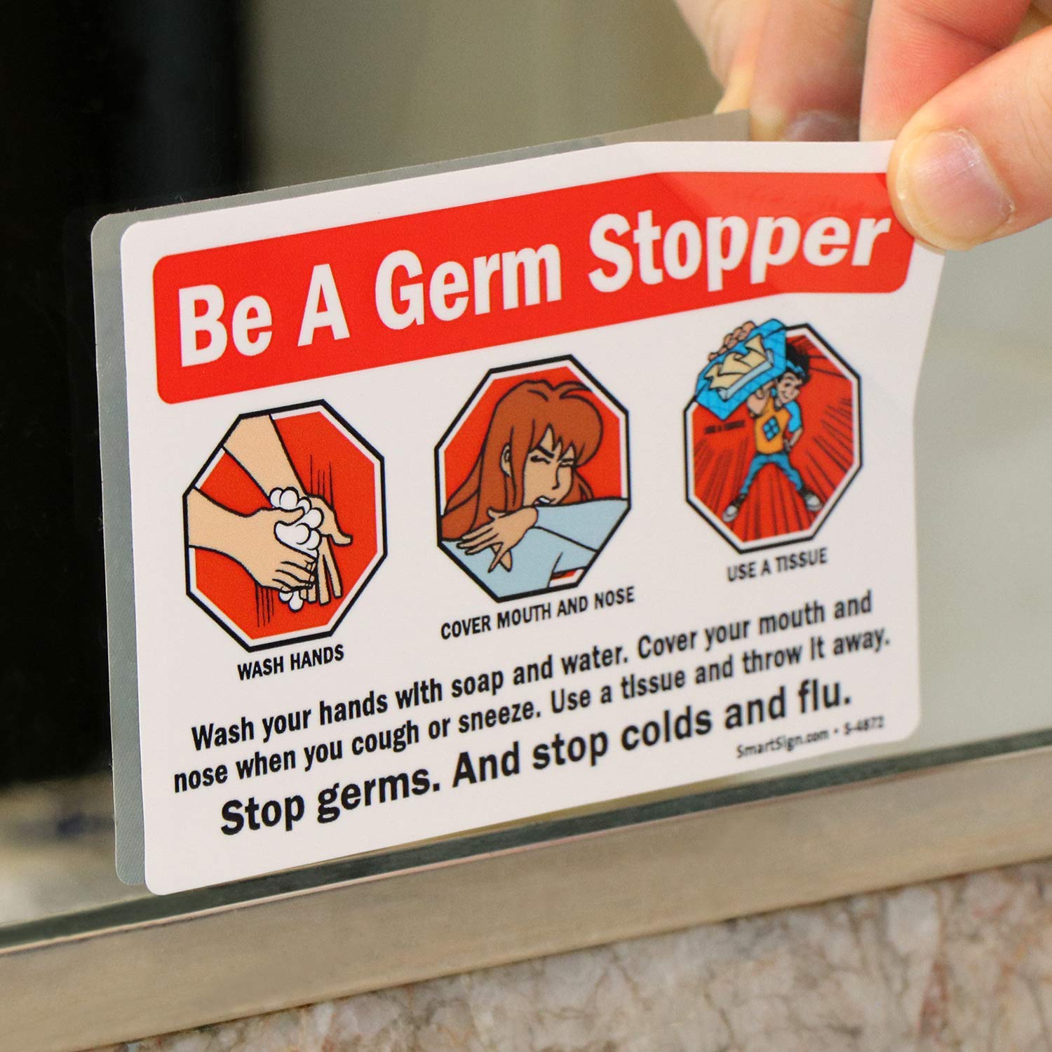 SmartSign 'Be A Germ-Stopper' Hand Washing Stickers for School, Office & Bathroom - 3.5