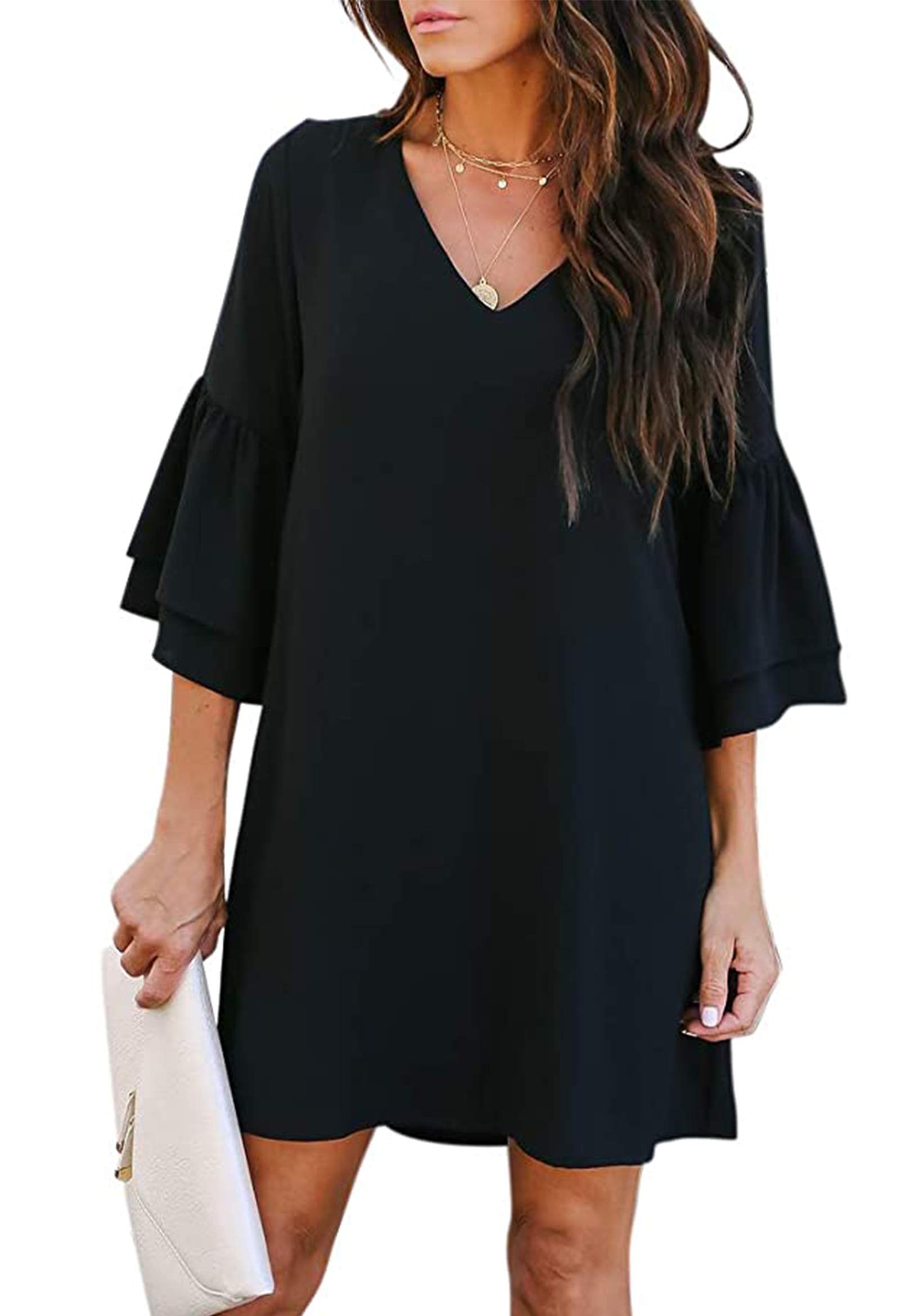 Women's Casual Summer Dresses - Bell Sleeve V-Neck Shift Dress for Beach, Vacation & Outdoor Activities | Lightweight Short House Dress for Hot Weather