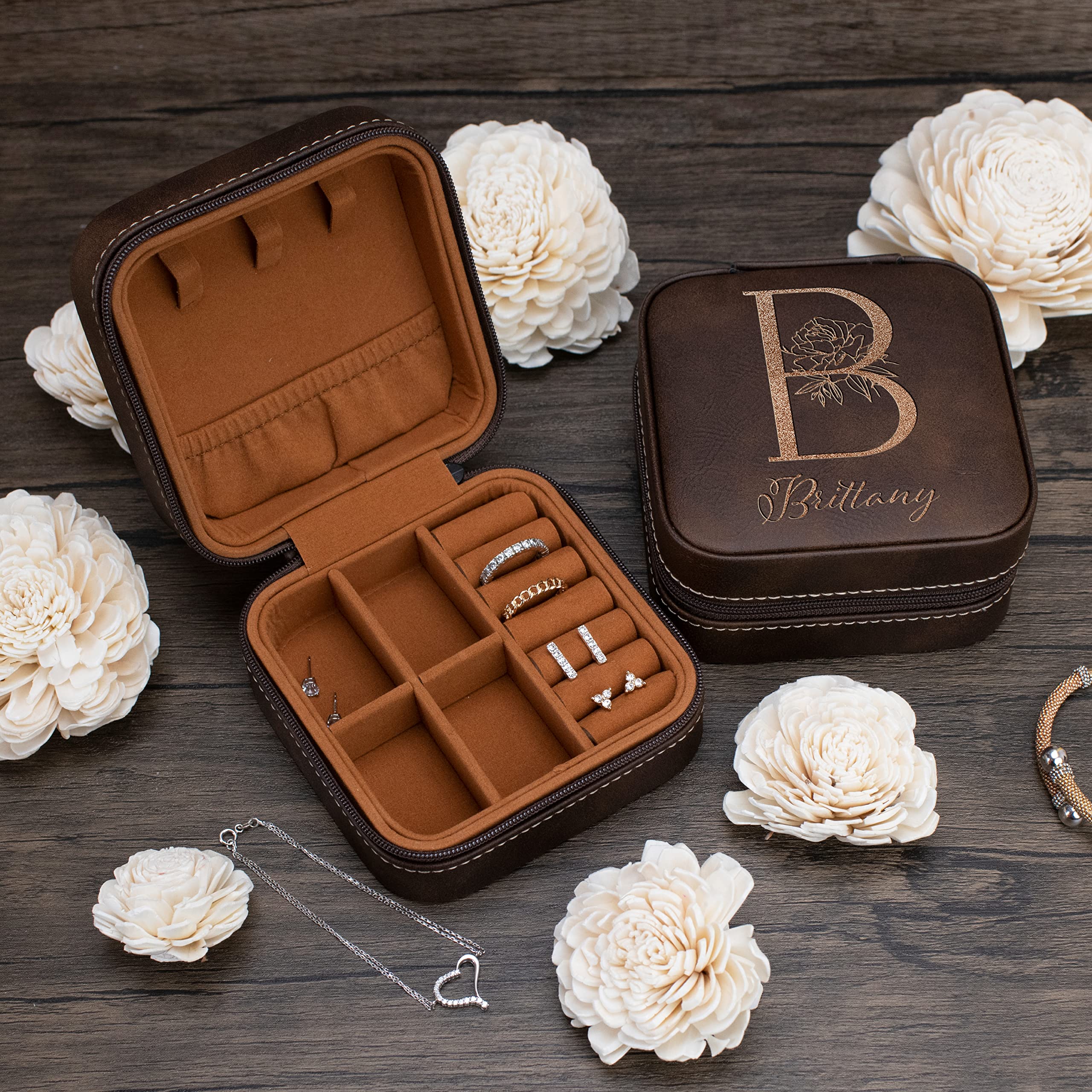 Personalized Jewelry Box Set of 6 - Custom Name & Initial Bridesmaid Proposal Gifts, 3 Elegant Designs, Portable Travel Jewelry Organizer - Perfect for Bachelorette Party Favors, Rustic Wedding Accessories & Special Occasion Gifts