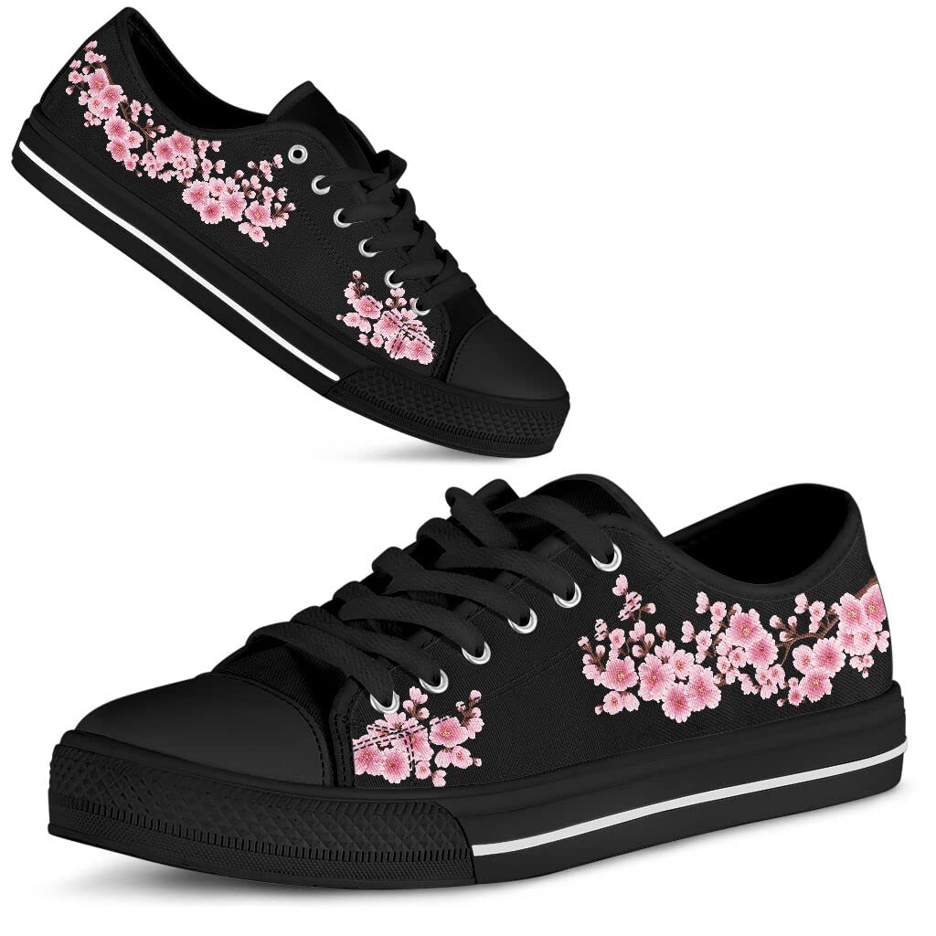 Japanese Sakura Cherry Blossom Print Canvas Low-Top Sneakers - Pink & Black Unisex Casual Shoes for Men & Women - Perfect for Spring Fashion, Anime Lovers Gift & Japan-Themed Outfits
