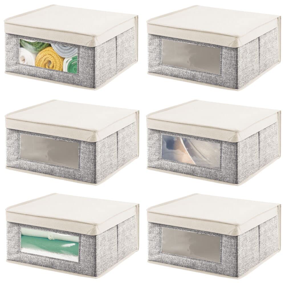 mDesign Medium Fabric Stackable Closet Storage Organizer Box with Clear Window & Attached Lid - 6 Pack Black/Cream for Bedroom, Hallway Organization - Perfect for Storing Clothes, Blankets, Linens - Ideal for Home, Dorm, Apartment Storage Solutions