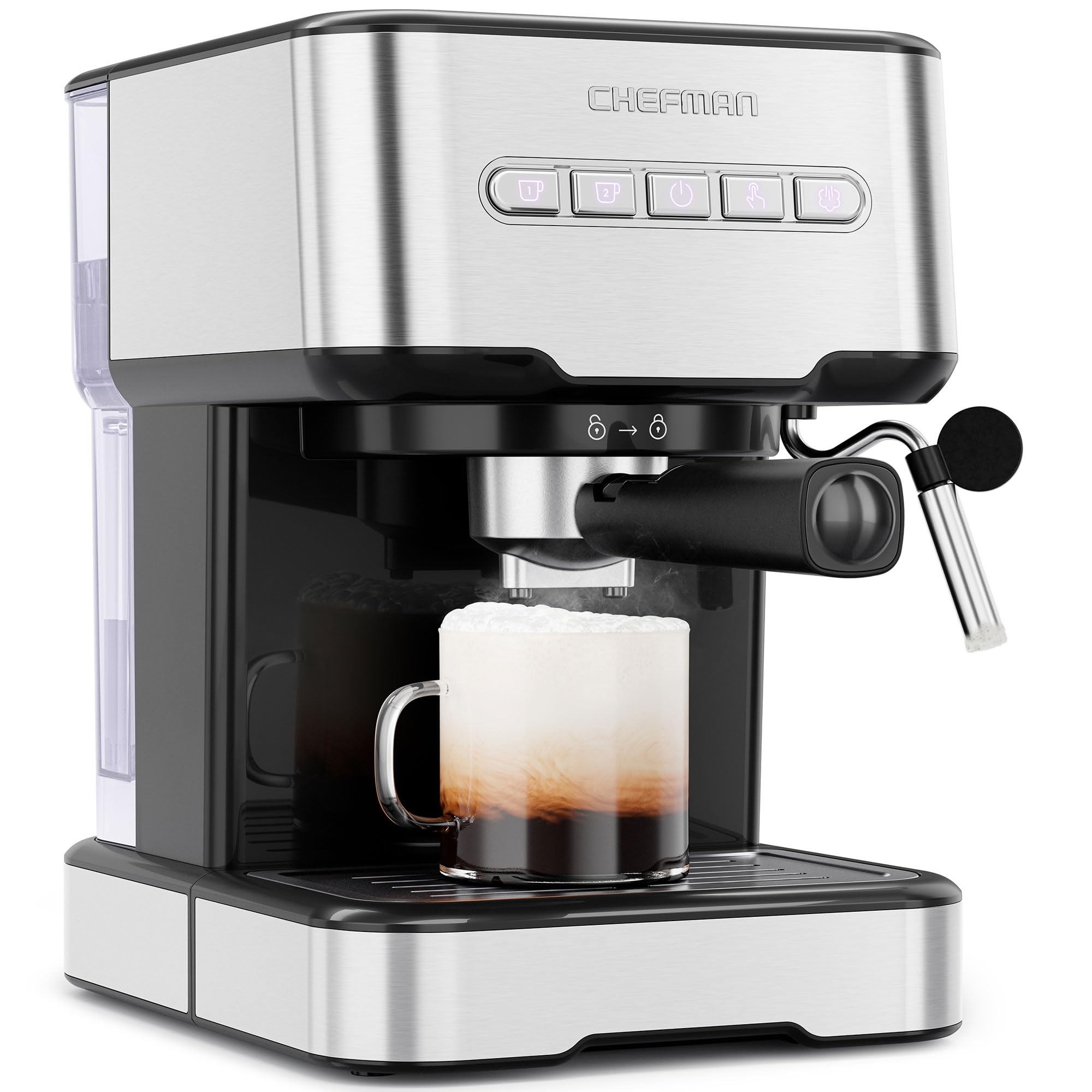 Chefman 6-in-1 Espresso Machine with Milk Steamer - One-Touch Single/Double Shot Coffee Maker for Cappuccino & Latte - Built-In Stainless Steel Milk Frother - Perfect for Home Baristas & Coffee Lovers