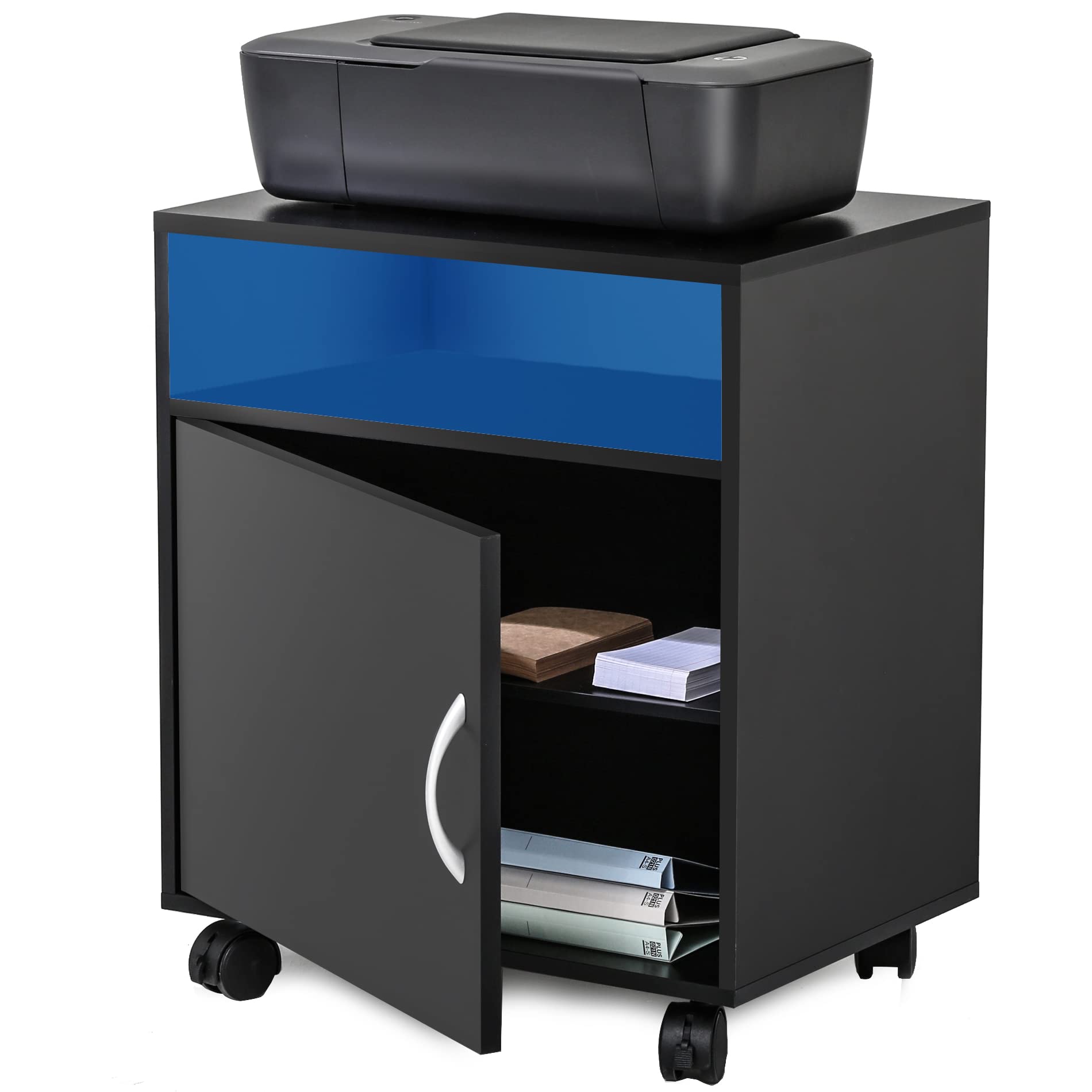 FITUEYES Adjustable Mobile Printer Stand with LED Light Strip - Rolling Wooden Work Cart with Storage Shelves & Door - Black Home Office Organizer for Printer, Scanner & Supplies - Perfect for Small Spaces & Workspaces