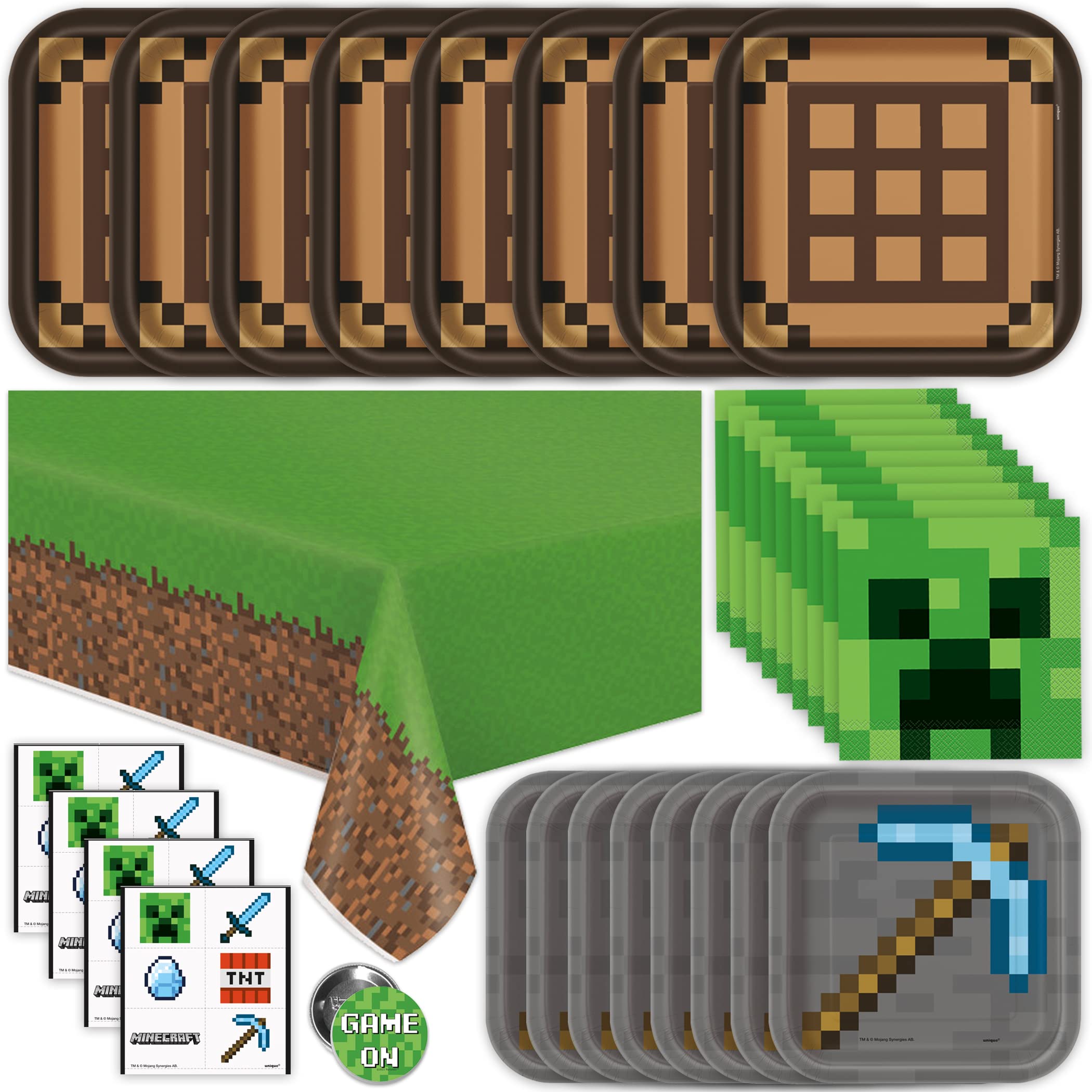 Minecraft Party Supplies for Boys and Girls - 16-Piece Birthday Decoration Set with Table Cover, Plates & More - Perfect for Kids' Birthday Parties, School Events & Themed Celebrations
