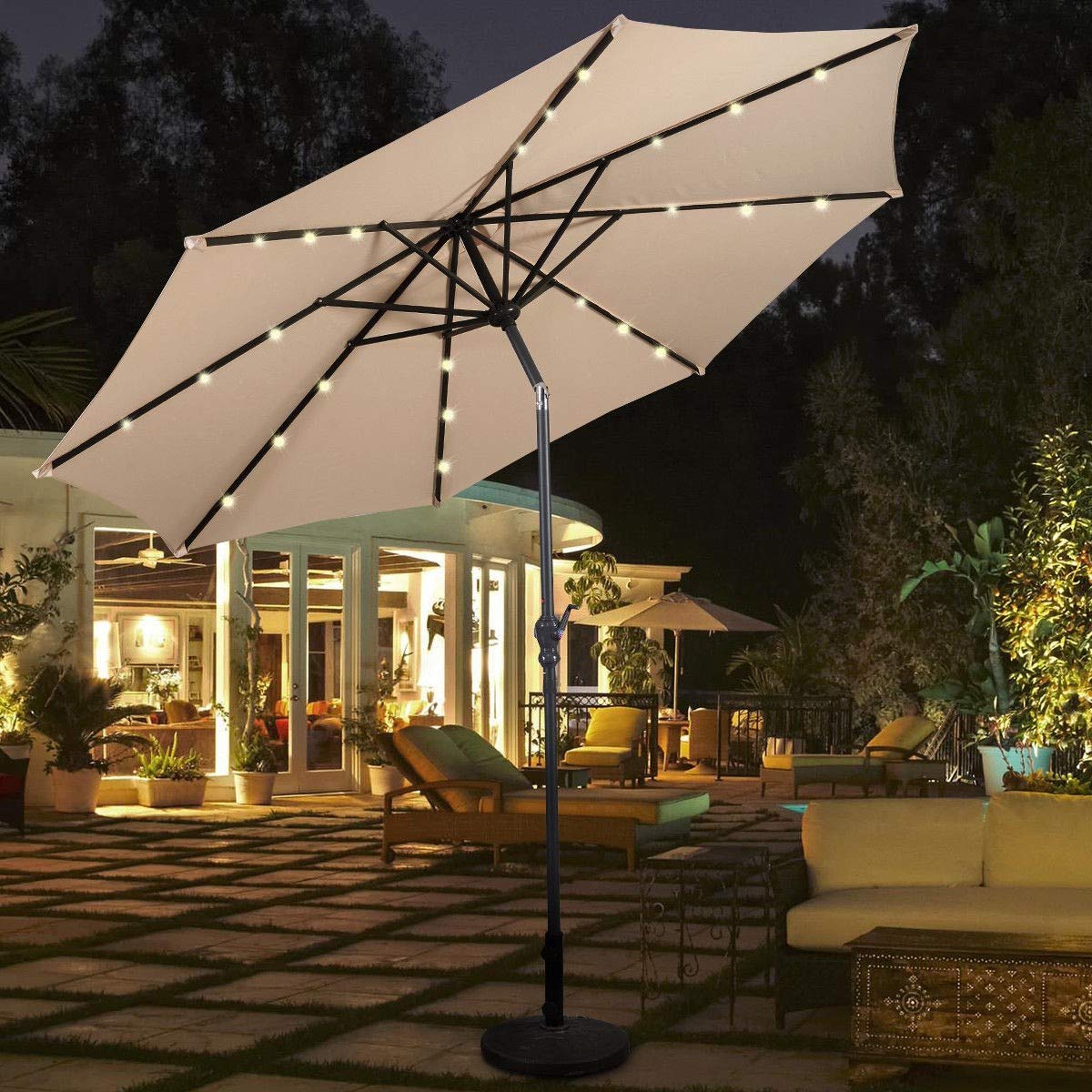 10 ft Solar LED Patio Umbrella with Crank - 8 Ribs Steel Outdoor Market Umbrella with Tilt Function (Beige) for Poolside, Backyard, Garden & Outdoor Dining