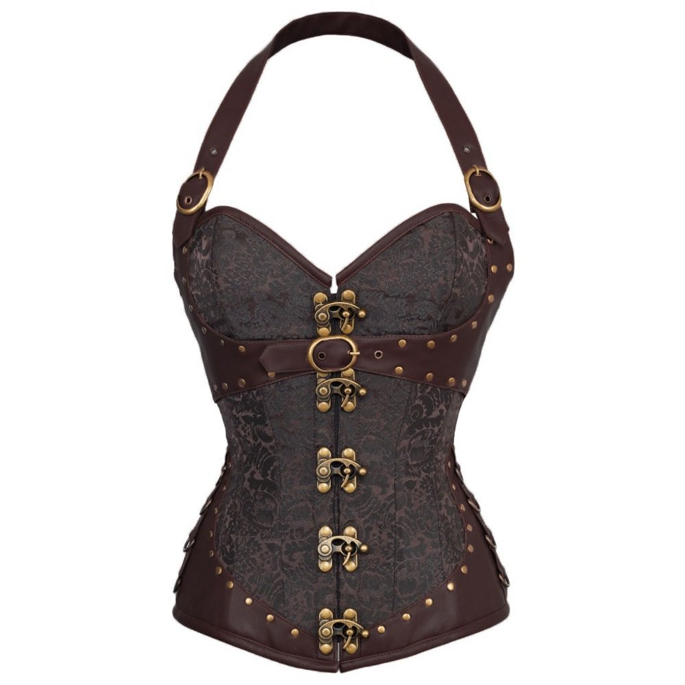 BAIXITE Steampunk Corset Top for Women - Overbust Bustier with Boned Structure, Halter Neckline, Plus Size Options - Perfect for Cosplay, Victorian Fashion, and Gothic Lingerie Outfits