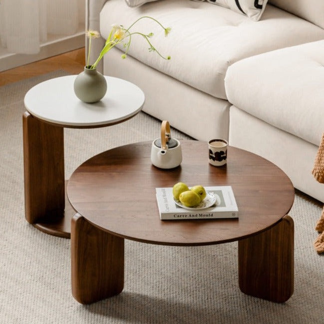 Solid Black Walnut Wood Round Slate Coffee Table - Rustic Modern Living Room Furniture for Home Decor & Tea Time Relaxation