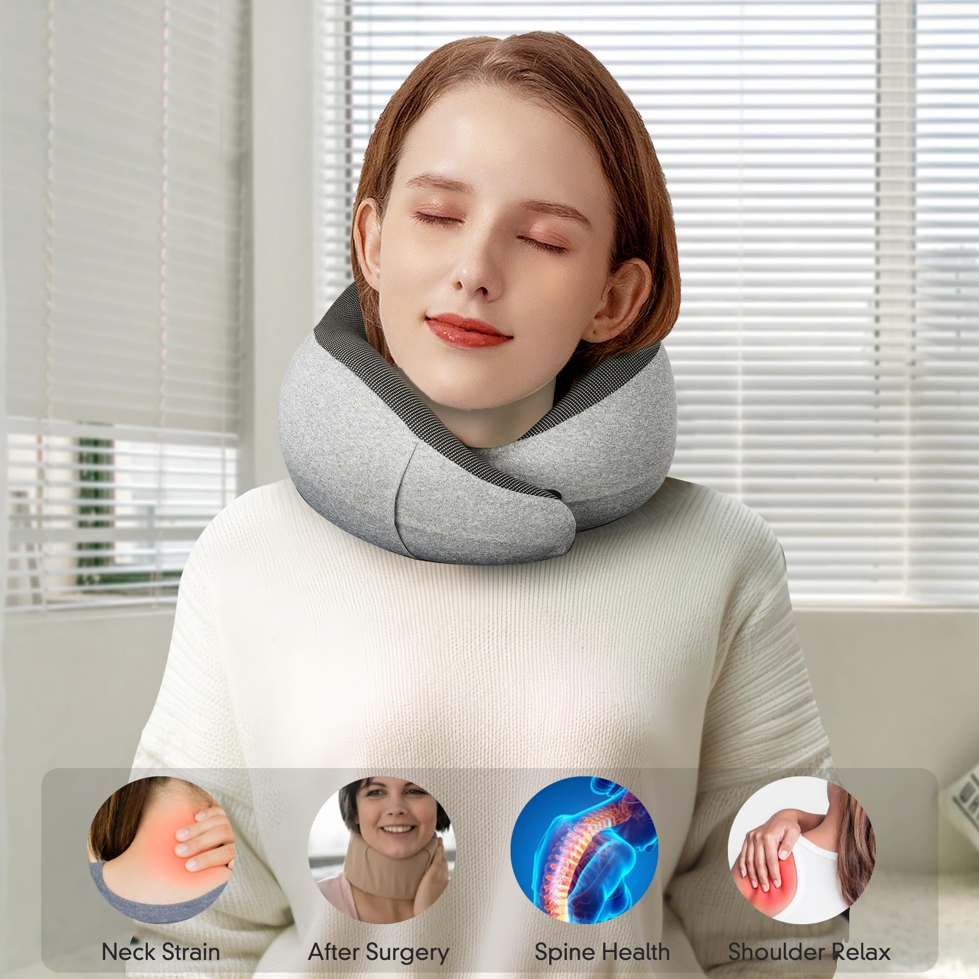 MULIHOMI® 100% Memory Foam Airplane Travel Pillow - 360° Adjustable Neck Support for Long Flights, Grey Travel Pillow Set - Perfect for Business Travelers & Vacationers on Planes, Trains & Cars