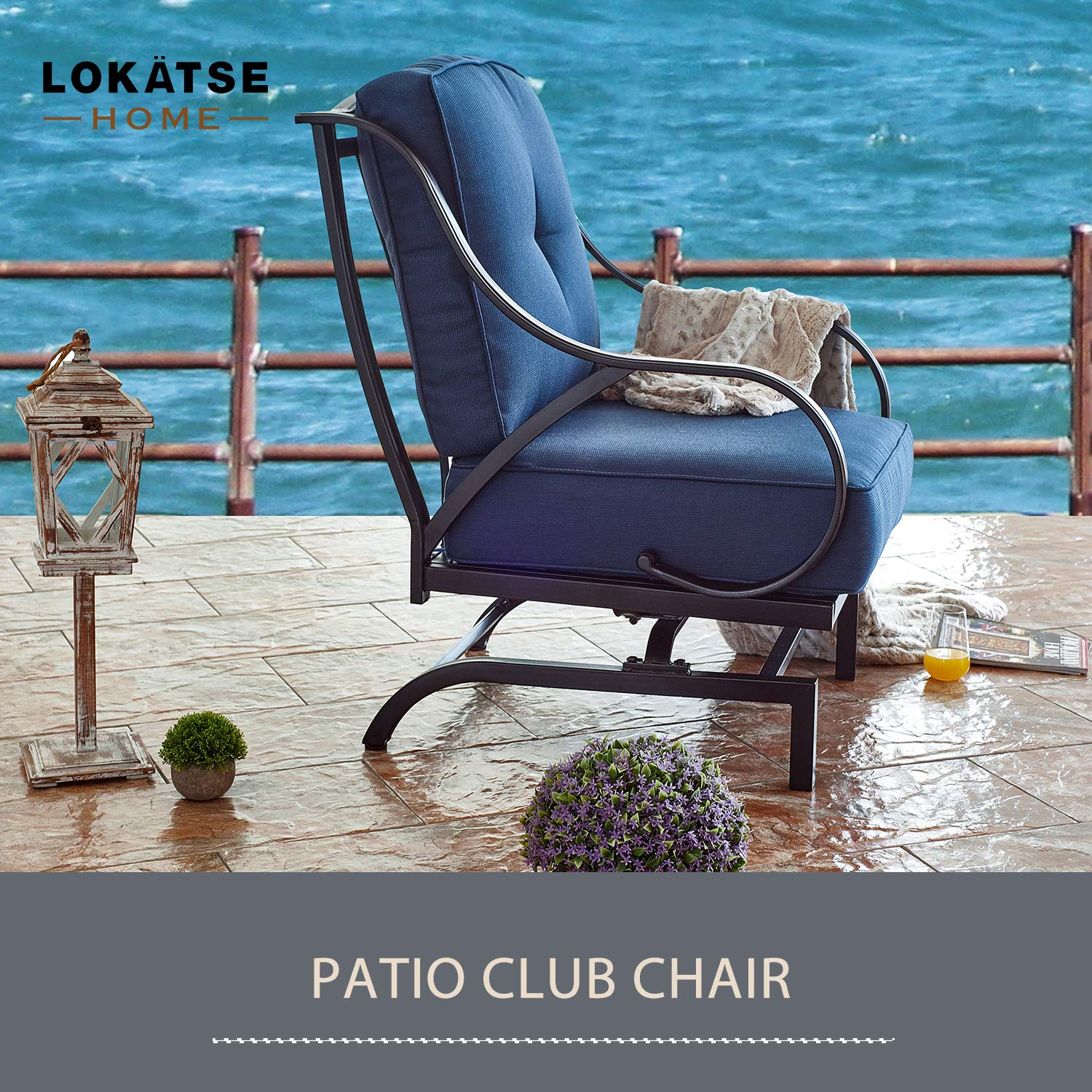 LOKATSE HOME Outdoor Bistro Chair - Wrought Iron Patio Furniture with Thick Cushions & Curved Armrests - Weather-Resistant Metal Conversation Armchair in Blue - Perfect for Garden, Deck, Poolside & Outdoor Dining Areas