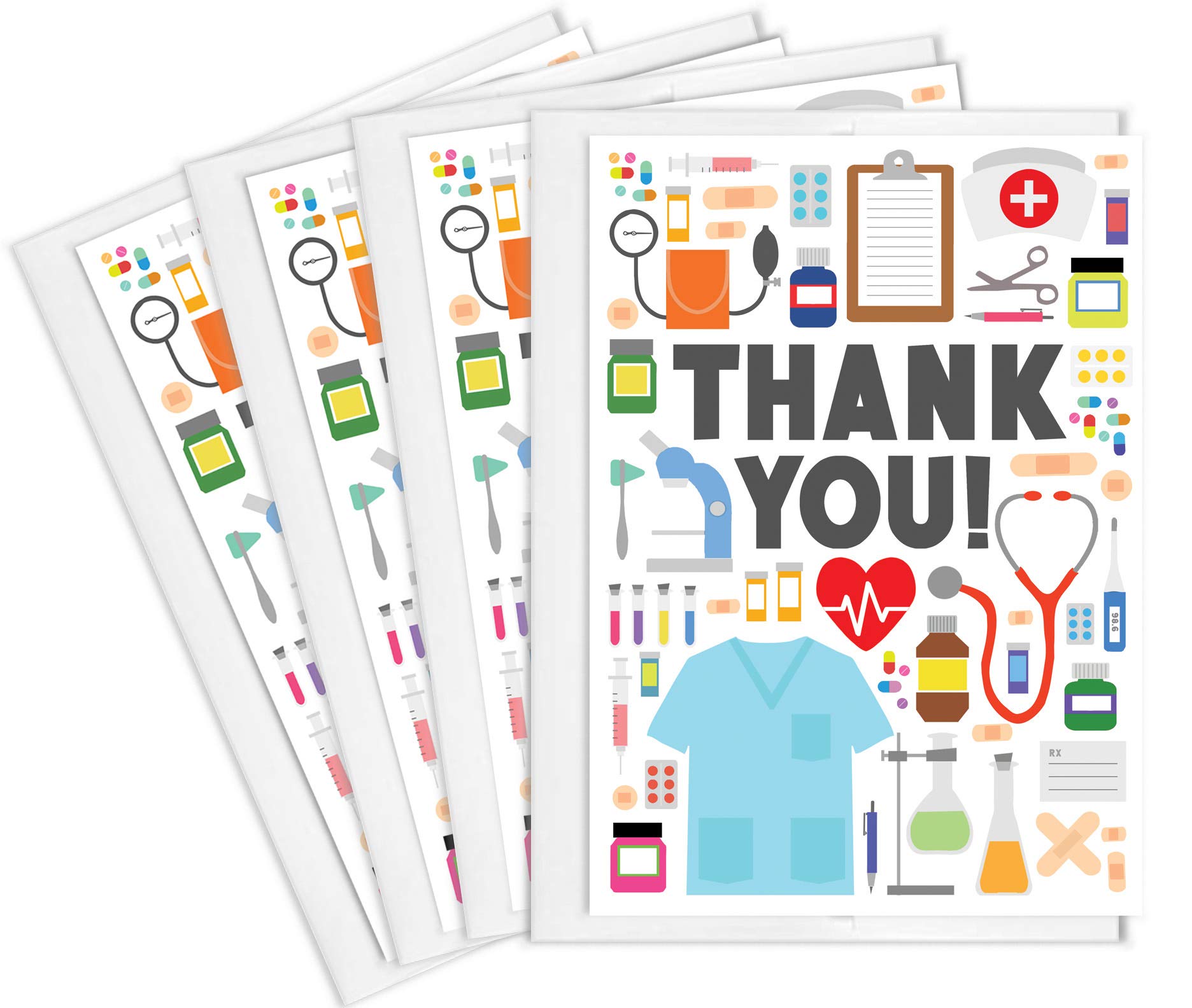 Tiny Expressions - 4 Pack Medical Appreciation Thank You Cards for Nurses, Doctors, EMTs & Healthcare Workers | Inside & Outside Full Color Medical Theme with Envelopes | Perfect for Nurse Week, Doctor's Day & Hospital Staff Recognition