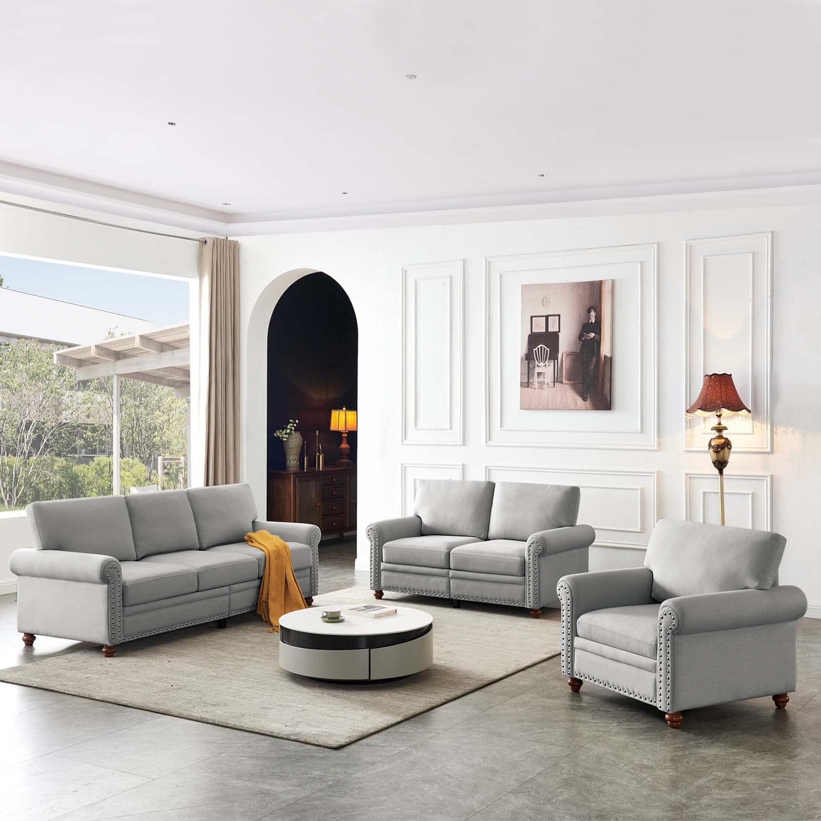 3-Piece Modern Living Room Sofa Set - 3-Seat Sofa, Loveseat & Chair with Scrolled Arms & Solid Wood Legs, Grey - Perfect for Small Spaces, Apartments & Cozy Family Gatherings