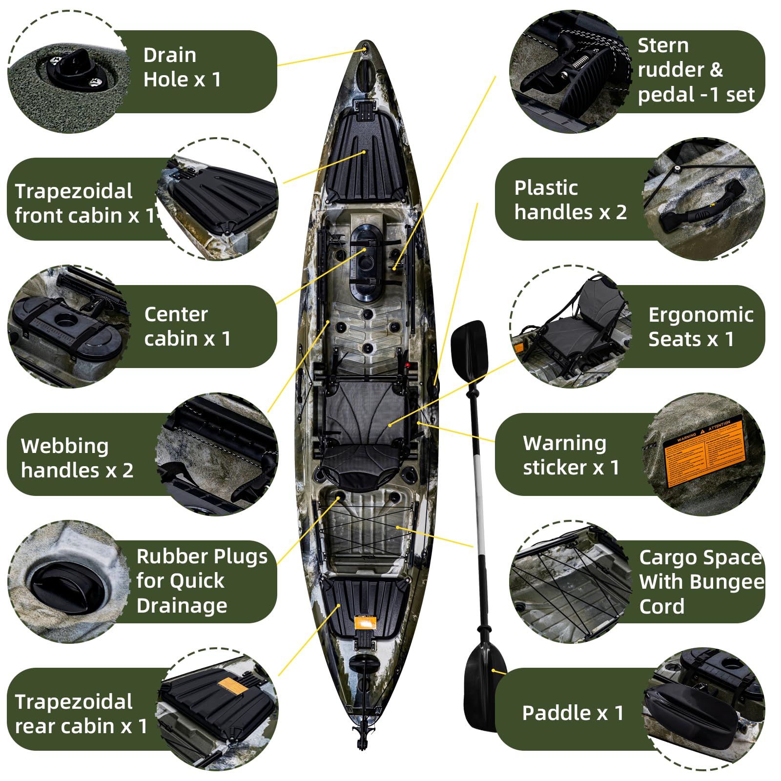 GARVEE 13FT Fishing Kayak for Adults - Sit on Top Kayak with Paddle & Comfortable Seat - 400LBS Capacity Hard Shell Recreational Ocean Kayak Boat - Perfect for Fishing, Camping and Water Sports Adventures