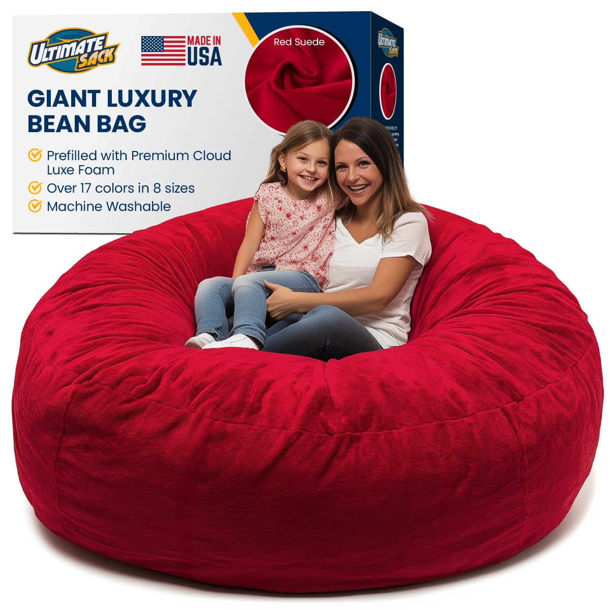 ULTIMATE SACK 6ft Oversized Bean Bag Chair with Footstool - Navy Suede Lounge Furniture for Adults | Perfect for Living Room, Game Room & Dorm Relaxation