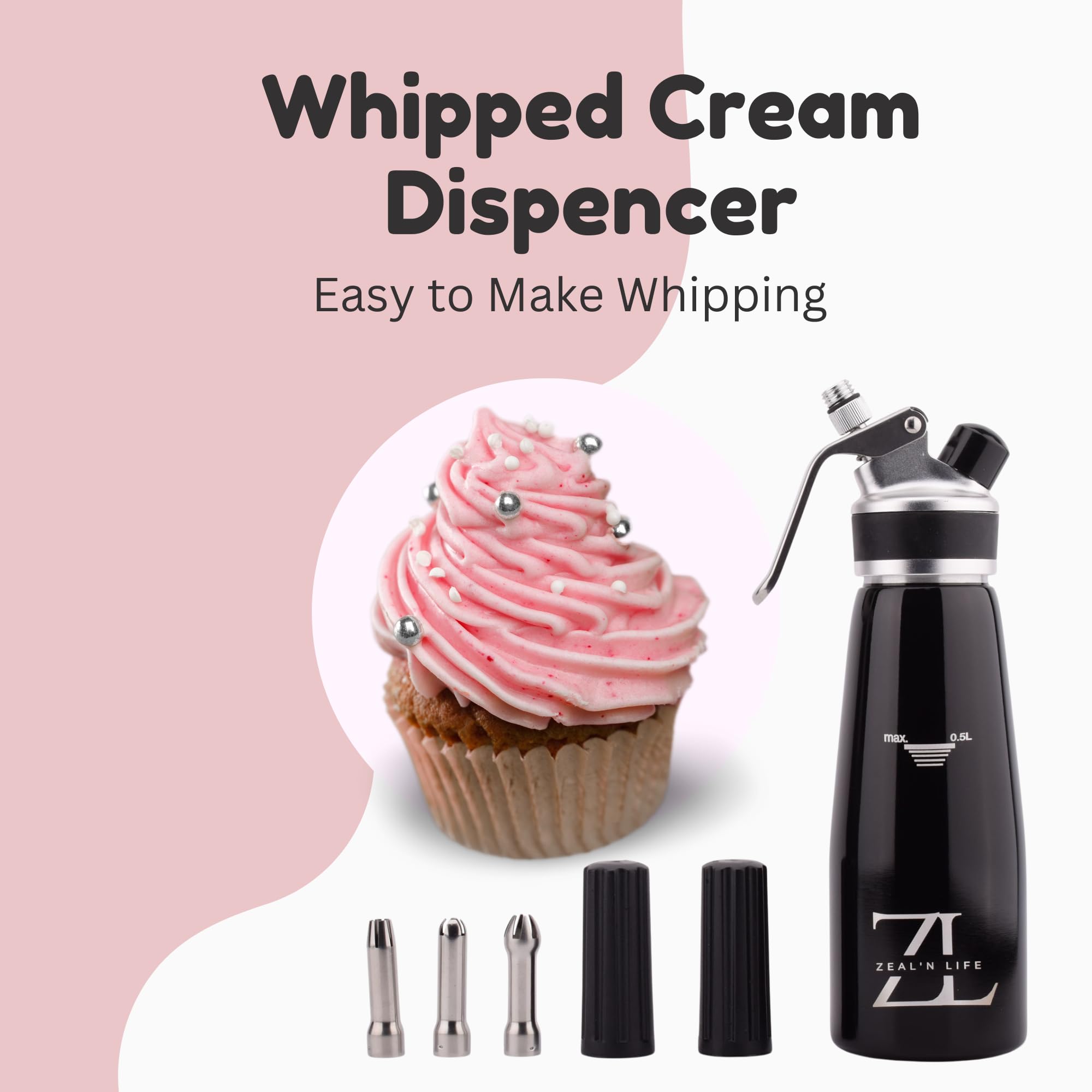 ZEAL'N LIFE Professional 500ml Whipped Cream Dispenser with Decorating Nozzles & Brush - Stainless Steel Cream Whipper for Desserts, Coffee, Cocktails & Cake Decorating (Black)