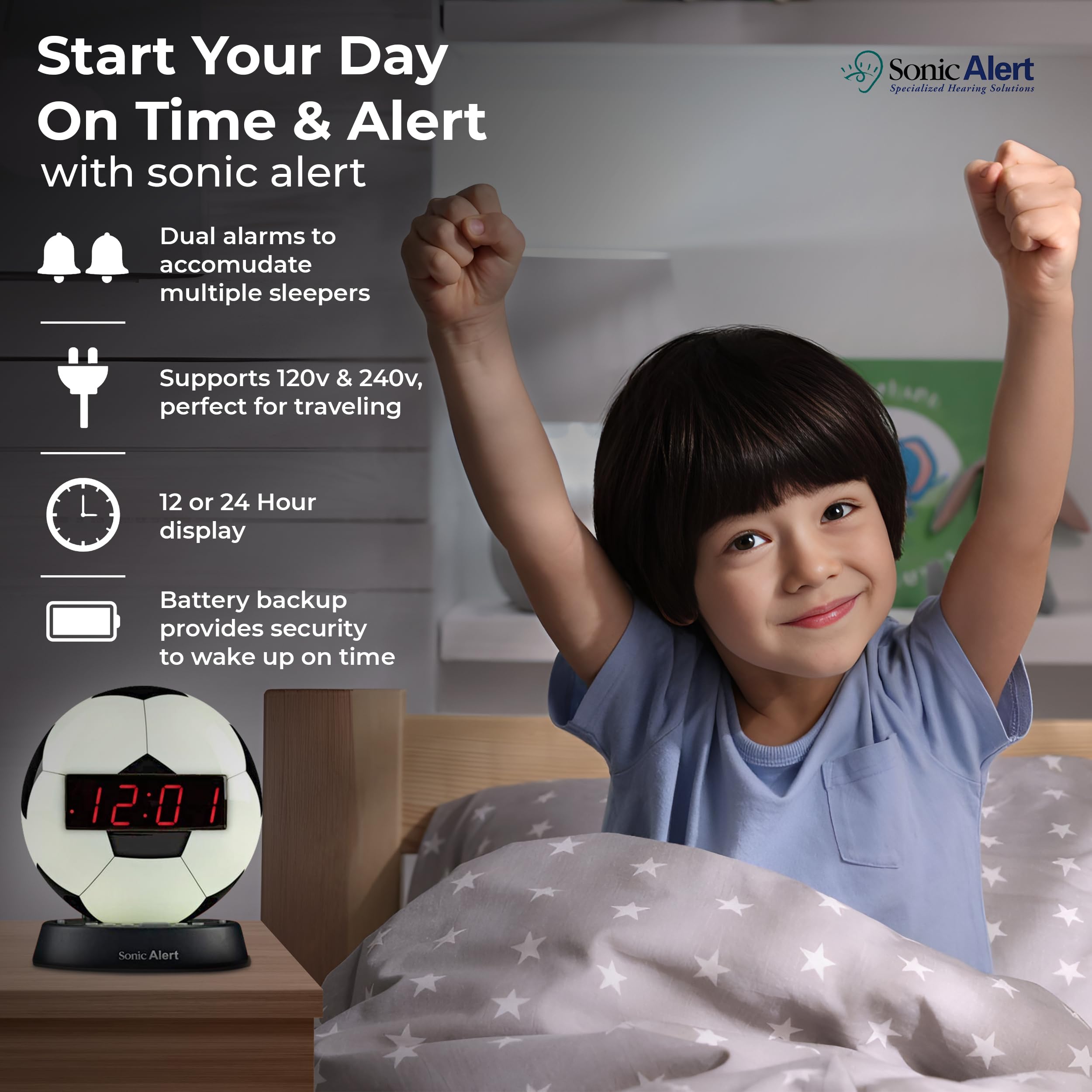 Sonic Alert Glow Night Light Soccer Ball Alarm Clock - Loud & Compact Digital Alarm Clock for Bedroom with Battery Backup & Dimmer - Easy to Set Alarm Clock for Kids & Adults - Perfect for Nightstands, Dorms, Travel & Gift Giving