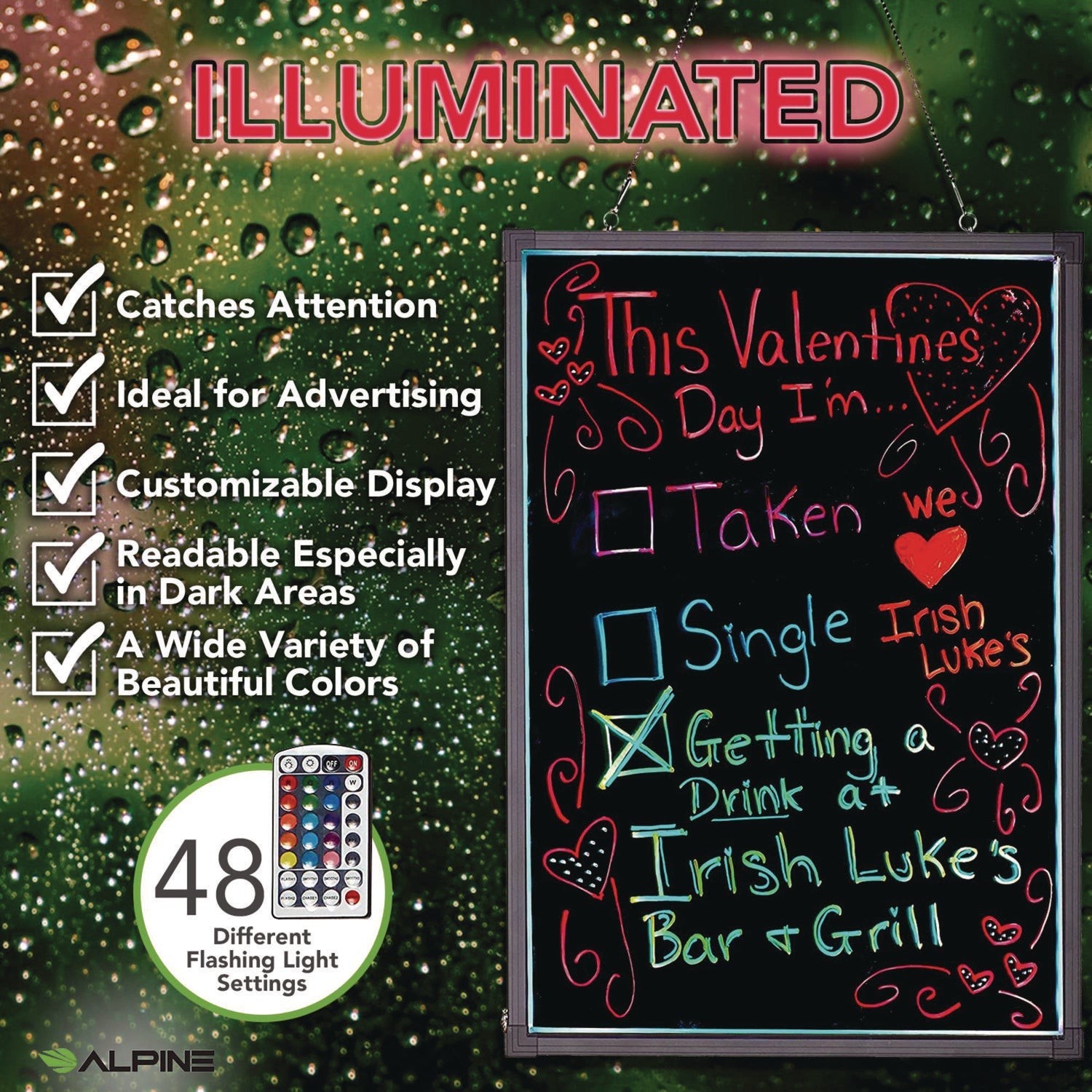 Alpine Industries LED Lighted Message Board 24x32 Inch - Black Chalkboard with Aluminum Frame for Home Office, Classroom, Restaurant & Retail Signage