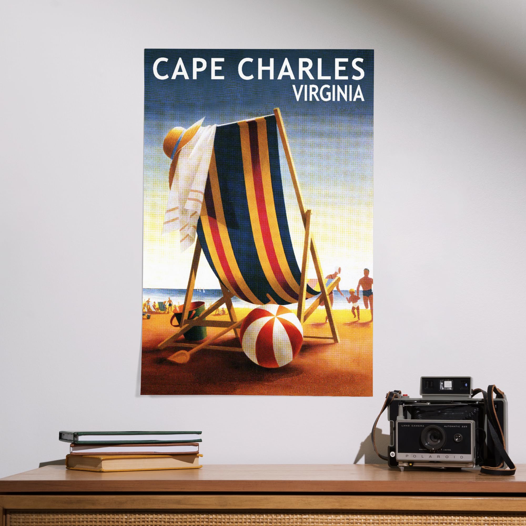 Lantern Press 16x24 Inch Giclee Art Print - Cape Charles Virginia Beach Scene with Chairs & Ball | Coastal Wall Decor for Living Room, Bedroom or Office