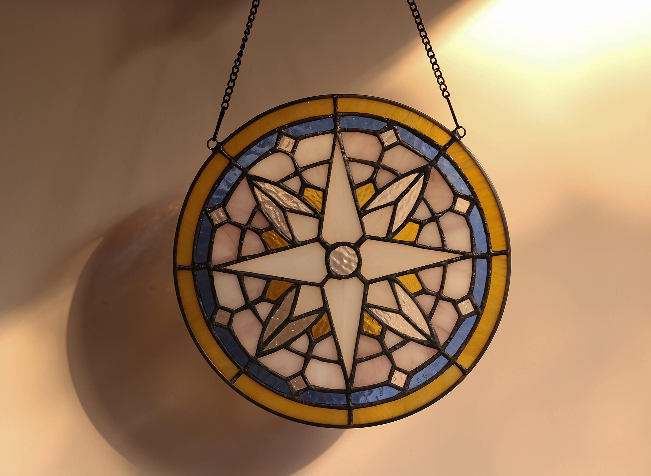 Compass Rose Stained Glass Window Hangings - Round Nautical Tiffany Style Boho Decor for Windows, Doors & Home Decor | Perfect for Beach Houses, Coastal Decor & Nautical Theme Rooms