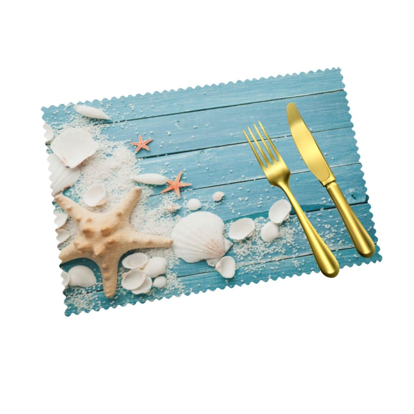 Set of 4 White Starfish Beach Placemats - 12x18 Inch Heat Resistant Washable Polyester Table Mats for Kitchen, Dining, Patio - Perfect for Summer Decor, Indoor & Outdoor Use