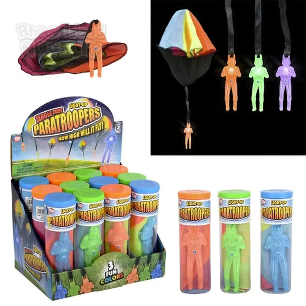4 Pack LED Light Up Paratrooper Toys - Fun Glow in The Dark Flying Parachute Men for Kids Outdoor Games, Birthday Parties & Nighttime Play