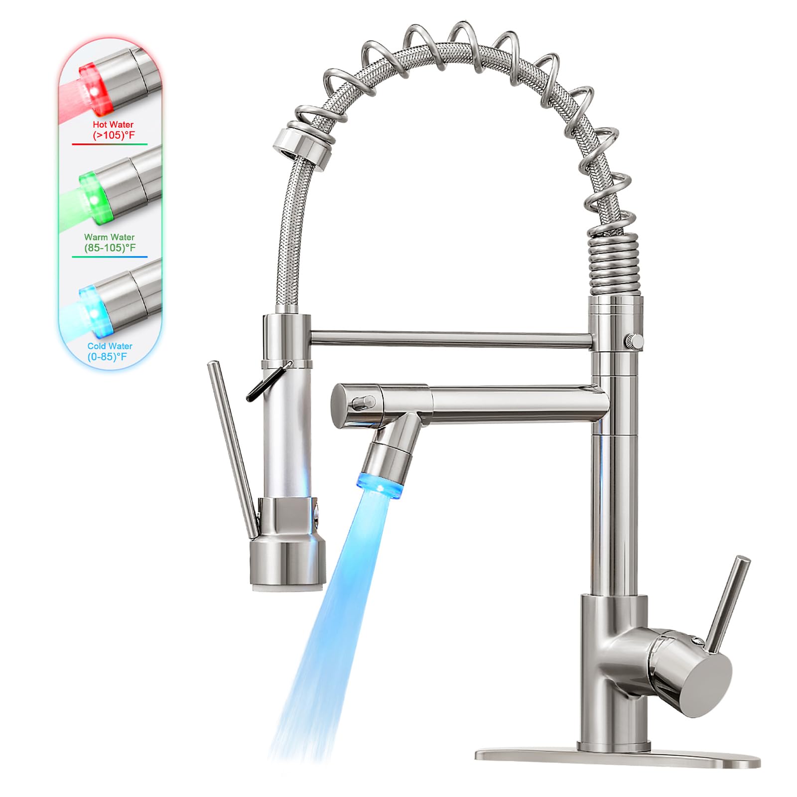 KZH Commercial Single Handle Stainless Steel Kitchen Faucet with Pull Down Sprayer, LED Light & Deck Plate - Brushed Nickel Finish for Modern Kitchens | Perfect for Restaurants, Home Chefs & High-Traffic Sinks