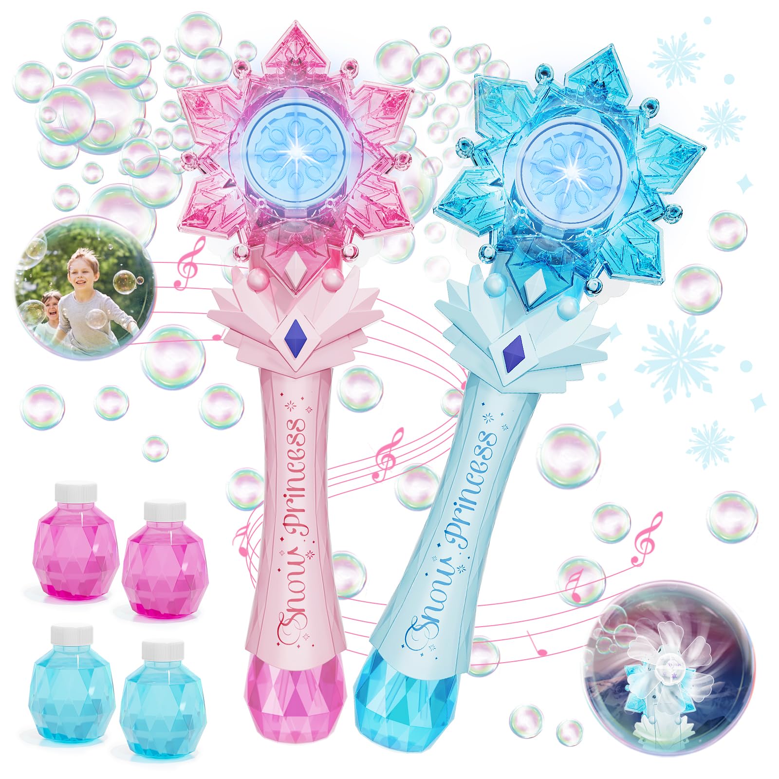 VATOS Automatic Bubble Blower Machine for Kids - 2 Pack Snowflake Bubble Wands with Lights & Music, Includes 2 Windmills & 4 Bottles Bubble Solution - Fun Bubble Toys for Toddlers, Boys, Girls & Adults - Perfect for Birthday Parties, Outdoor Play & Summer Activities