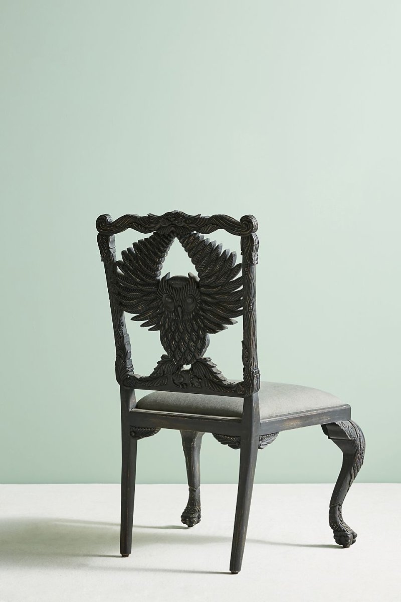 Hand Carved Black Owl Wooden Dining Table Chairs Set - Elegant Handcrafted Wood Furniture for Dining Room, Kitchen, or Office - Perfect for Home Decor and Gifts