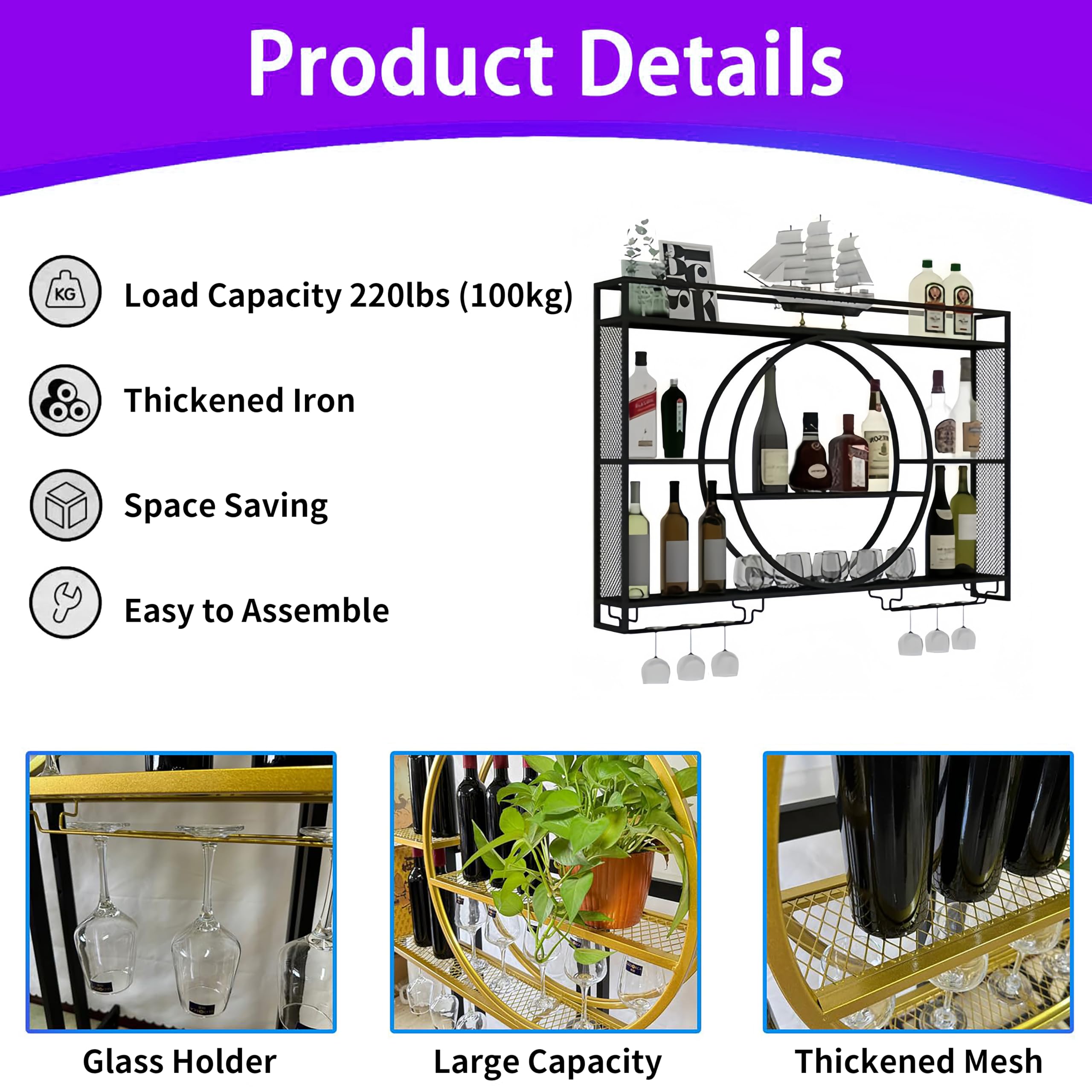 3-Tier Wall Mounted Wine Rack - Large Capacity Bar Shelves with Glass Holder for Liquor Bottles - Black 100cm/39in - Perfect for Home Bar, Kitchen & Dining Room Organization