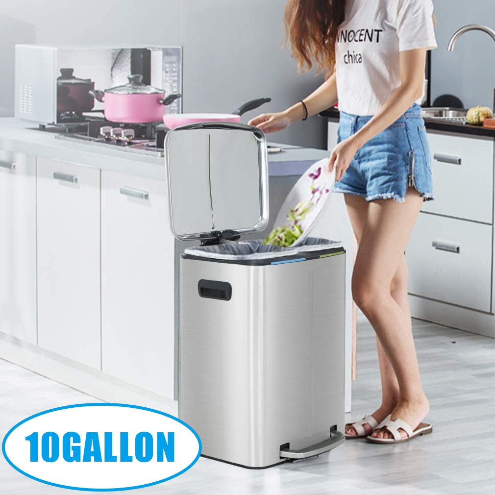 Stainless Steel Step Trash Can with Lid - 10 Gallon (40L) High Capacity Kitchen Garbage Bin for Home, Office, Bathroom & Bedroom - Fingerprint-Proof & Odor Control - Perfect for Waste Disposal in Any Room