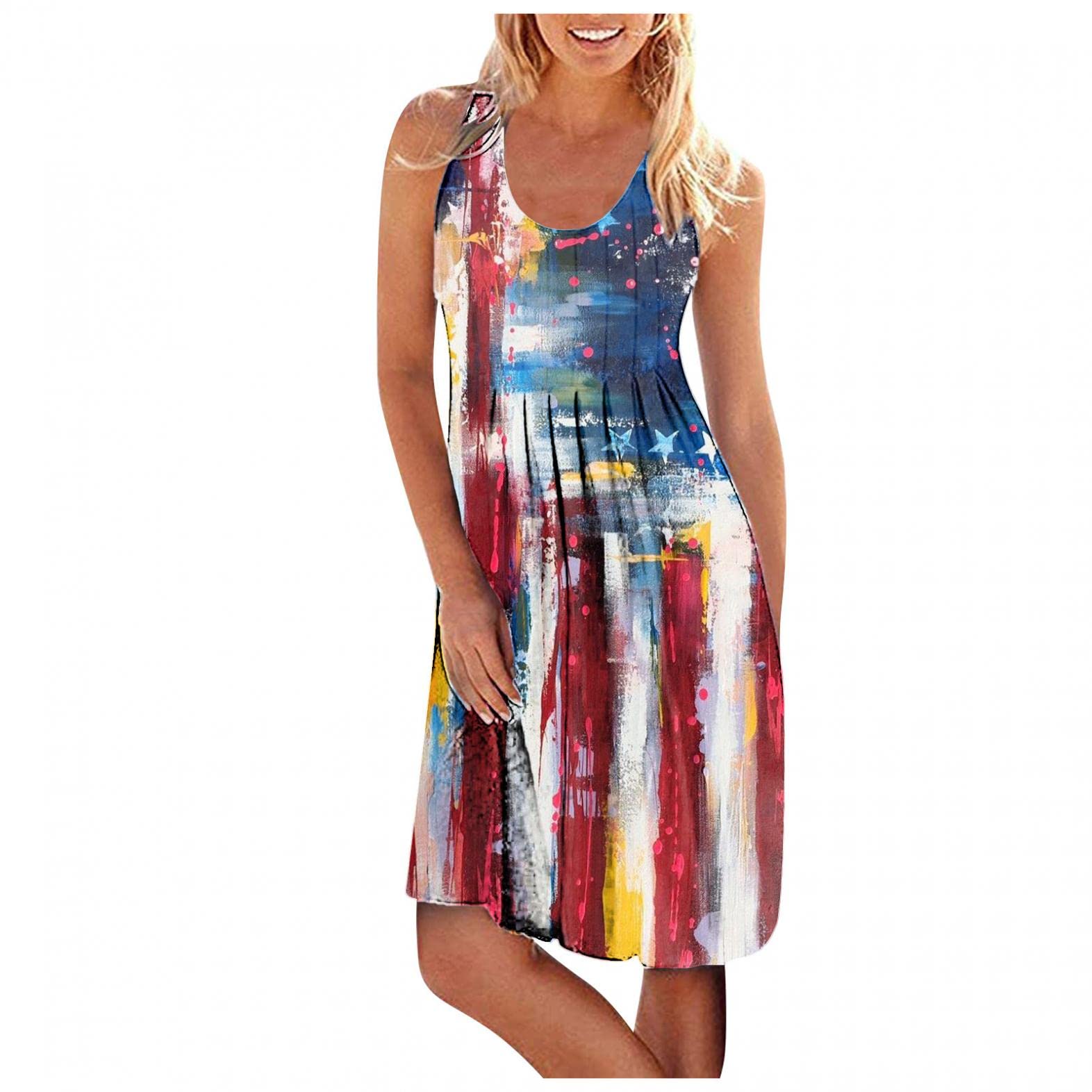 Women's Summer Beach Dress - Flag Print Pleated Tank Midi Dress with U Neck & Sleeveless Design | Perfect for 4th of July, Vacations & Outdoor Parties
