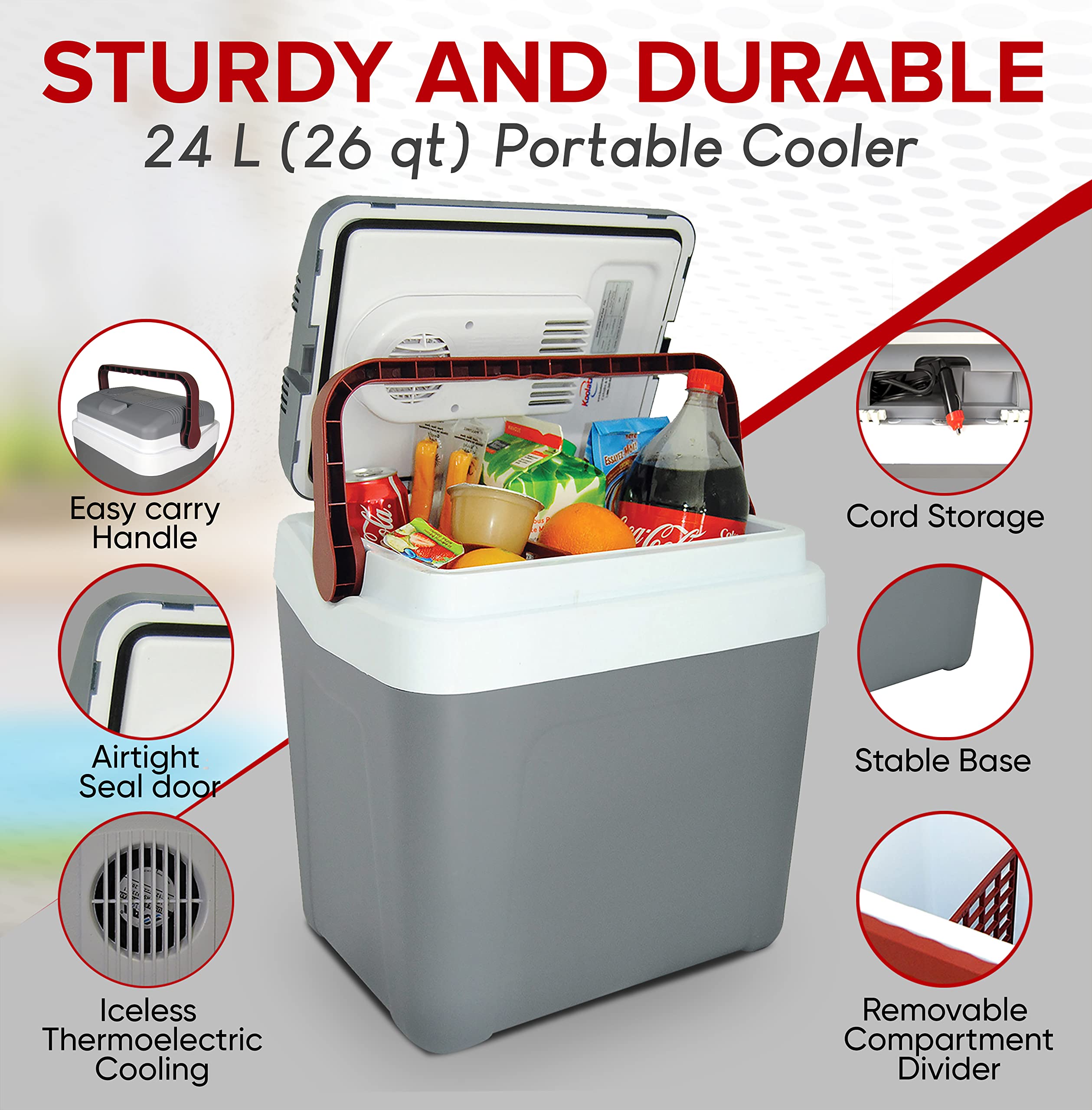 Koolatron 25L (26qt) Electric Portable Cooler - 12V Car Fridge for Camping, Travel, Road Trips & Trucking - No Ice Thermo Electric Cooler with DC Power Cord (Gray/White) | Perfect for Picnics, Beach Outings & Outdoor Adventures