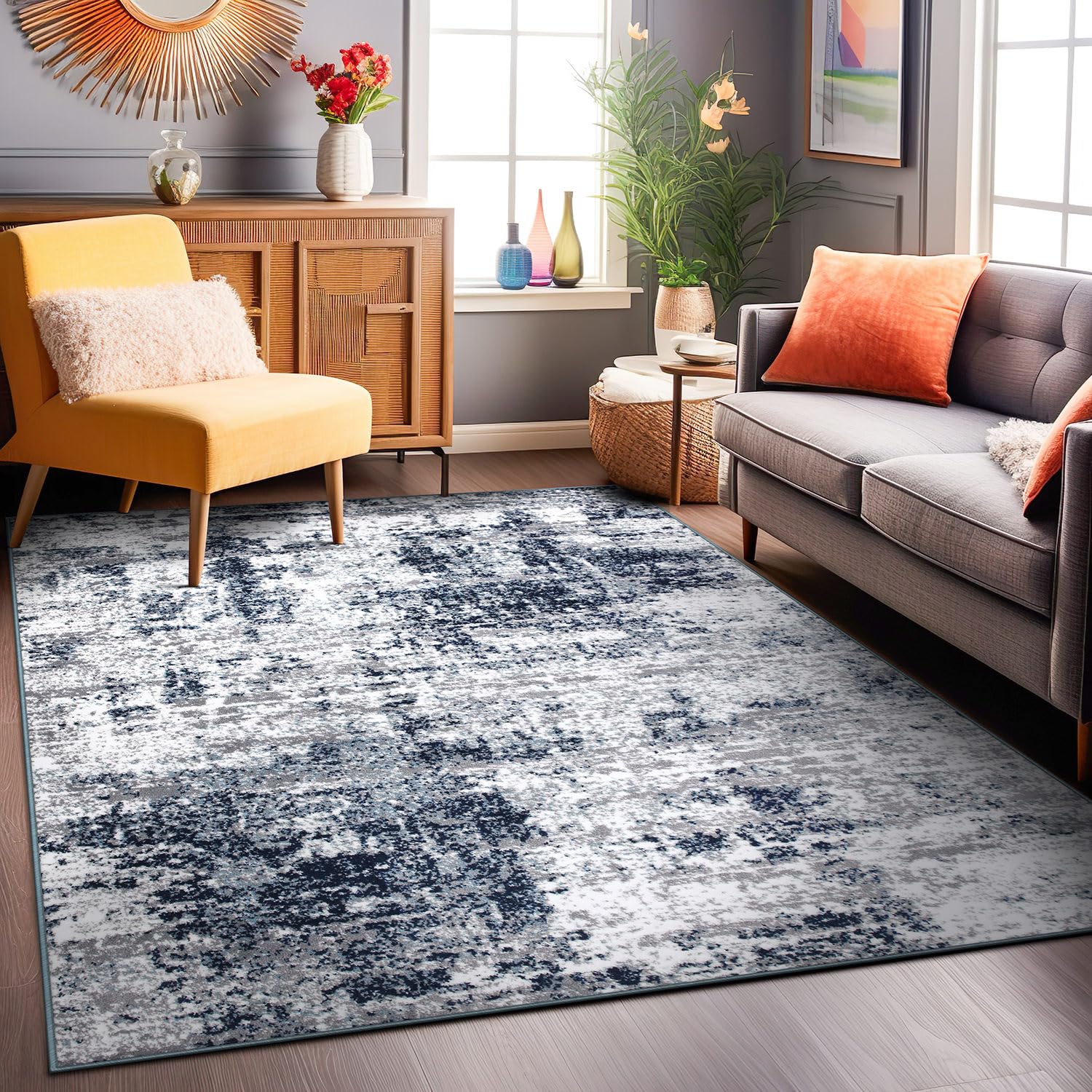 Distressed Abstract Blue Area Rug 7'10