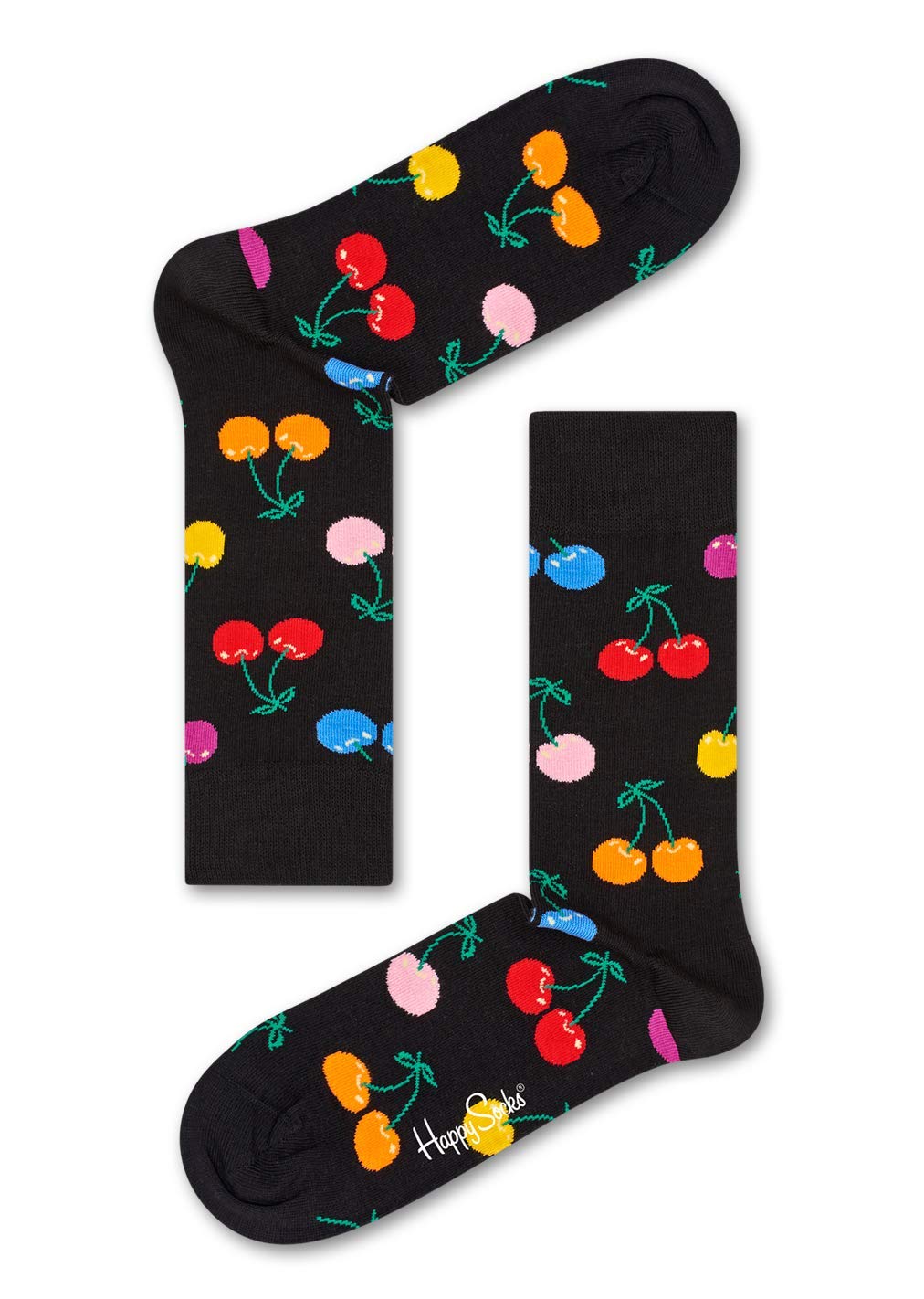 Happy Socks Cherry Print Men's Crew Socks - Black - Comfortable Cotton Casual Socks for Everyday Wear, Work & Gifting