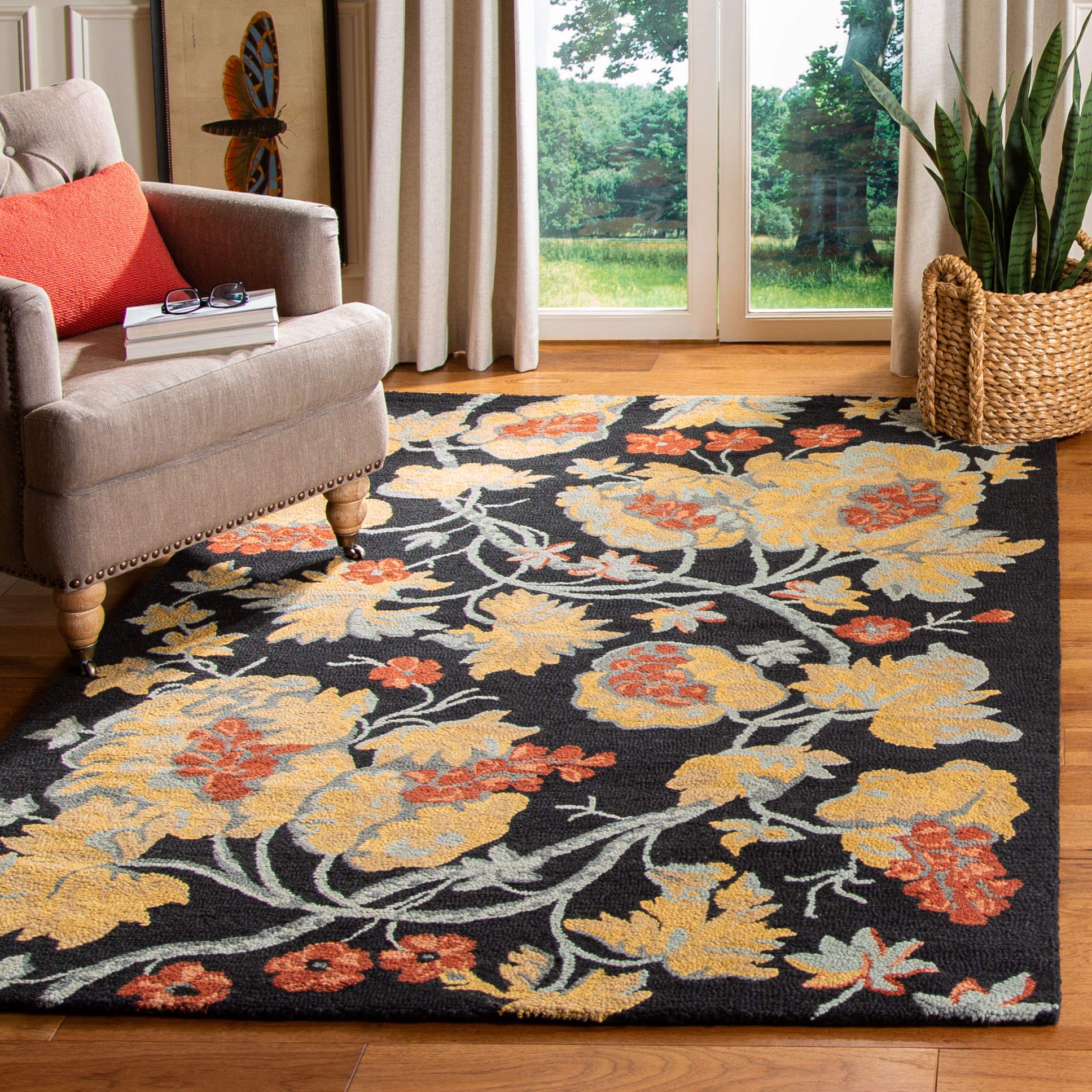 SAFAVIEH Blossom Collection 4' x 6' Handmade Floral Wool Area Rug - Black & Multi Colors (BLM918A) | Premium Living Room & Bedroom Rug for Home Decor