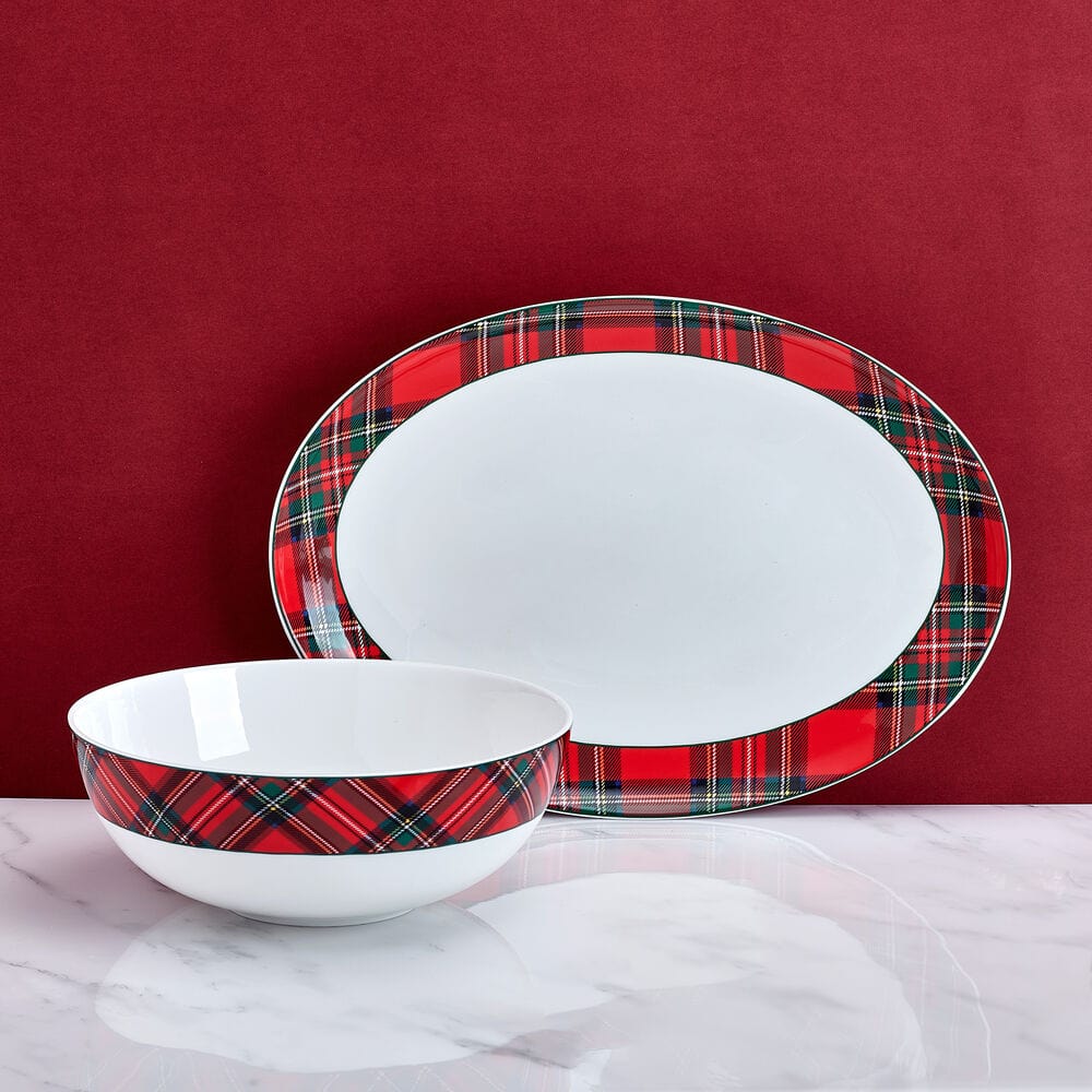 Tartan Red Serving Bowl - Elegant Ceramic Dish for Salads, Pasta, and Appetizers - Perfect for Dinner Parties and Holiday Gatherings