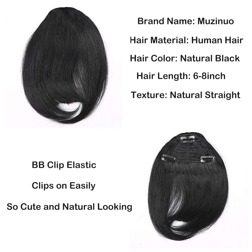 Brazilian Human Hair Clip-In Bangs for Black Women | 6-8 Inch Natural Black Straight French Bangs with Temple | Muzinuo Hair Extensions | Perfect for Daily Wear, Parties & Protective Styles